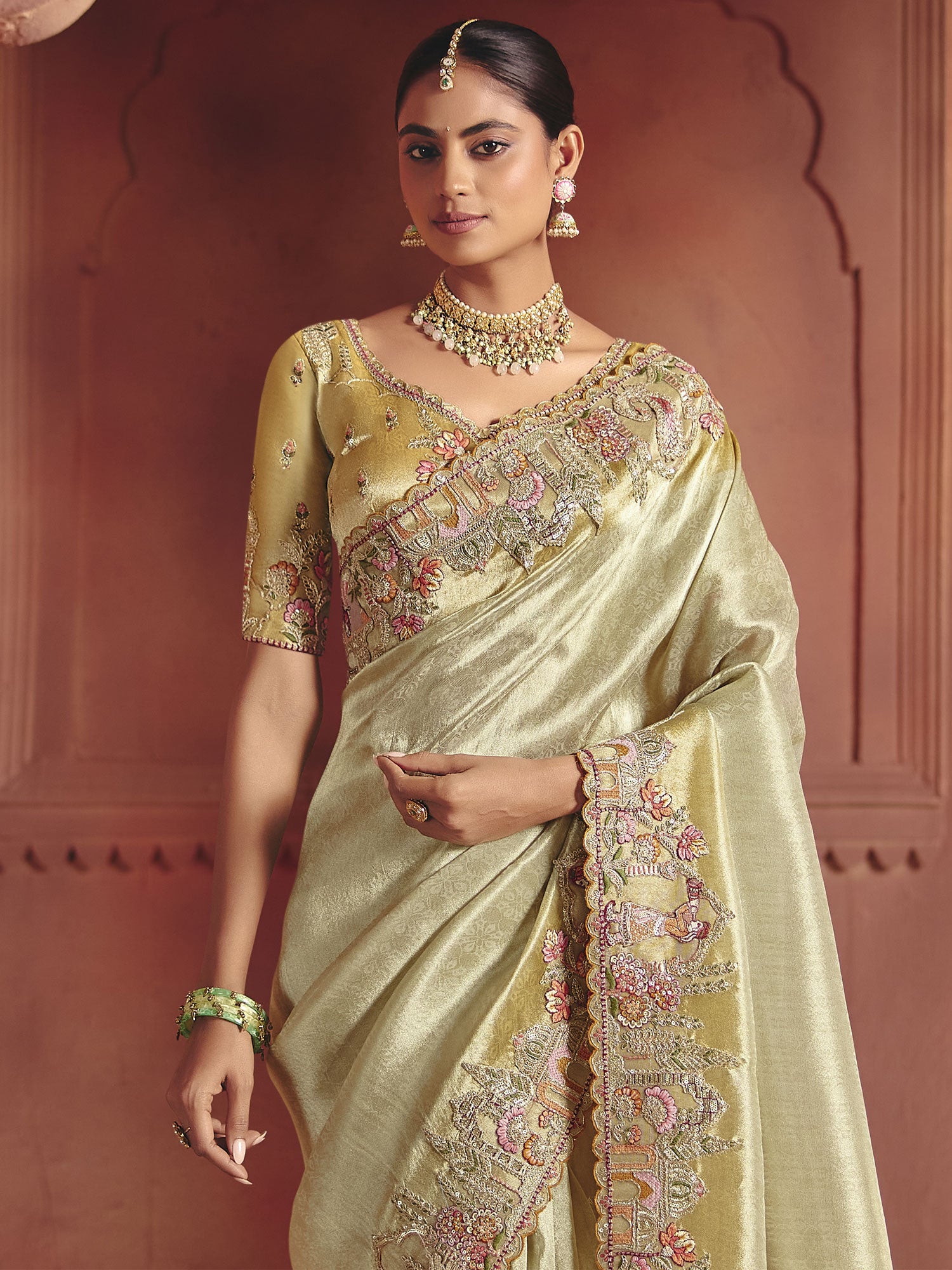 Beige Floral Thread Embroidered Wedding Saree