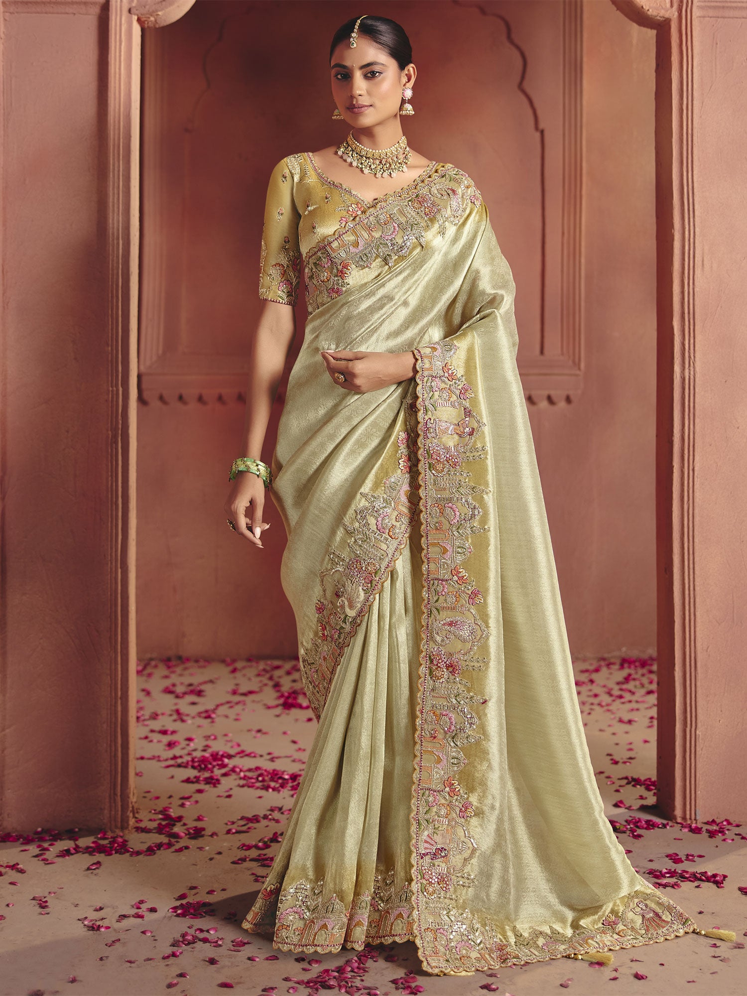 Beige Floral Thread Embroidered Wedding Saree