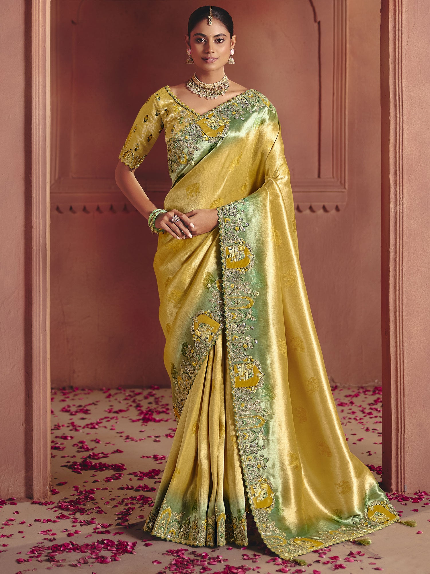 Yellow Thread Work Enhanced Saree With Blouse