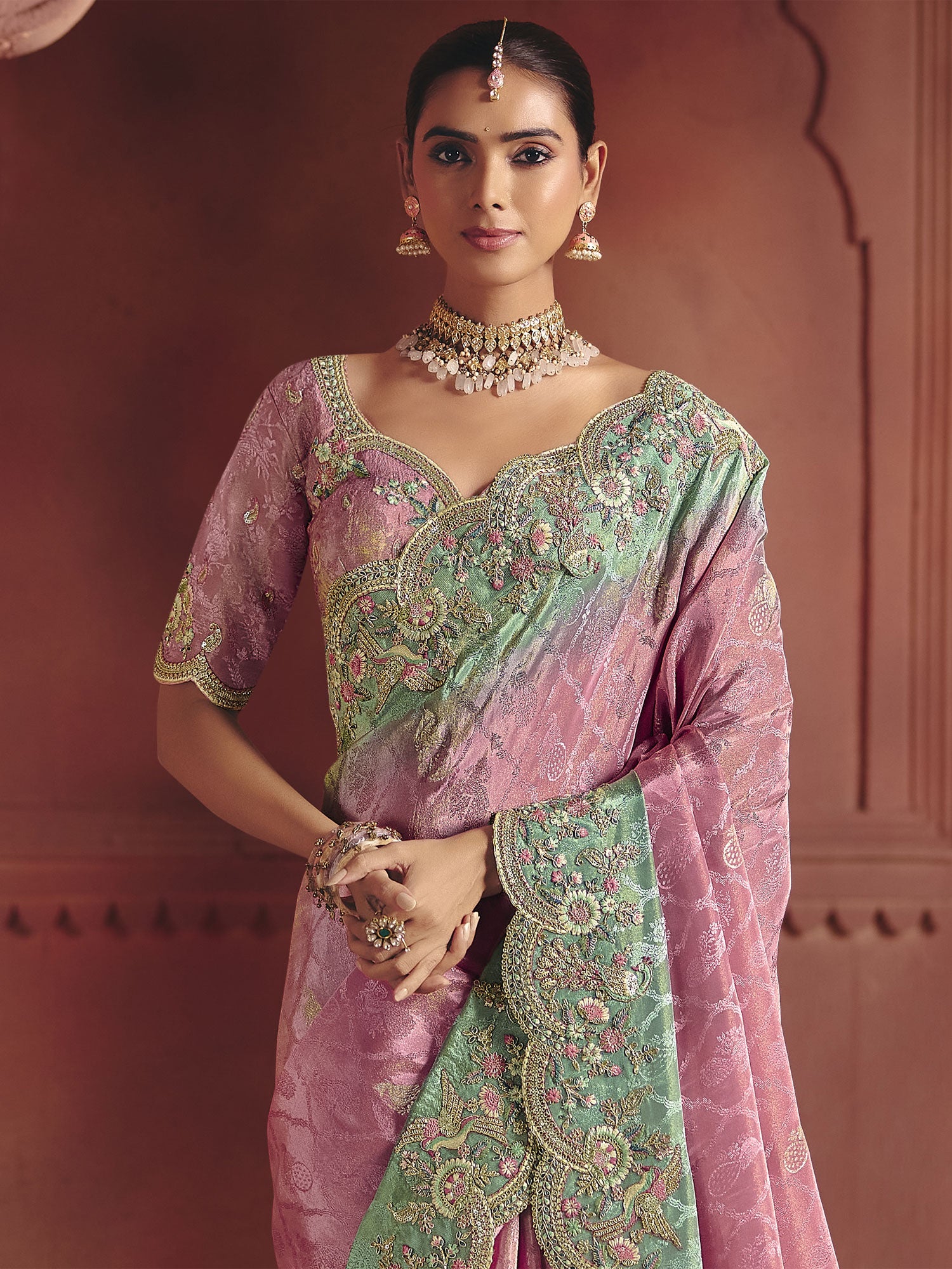 Pink Party Saree With Embroidered Border