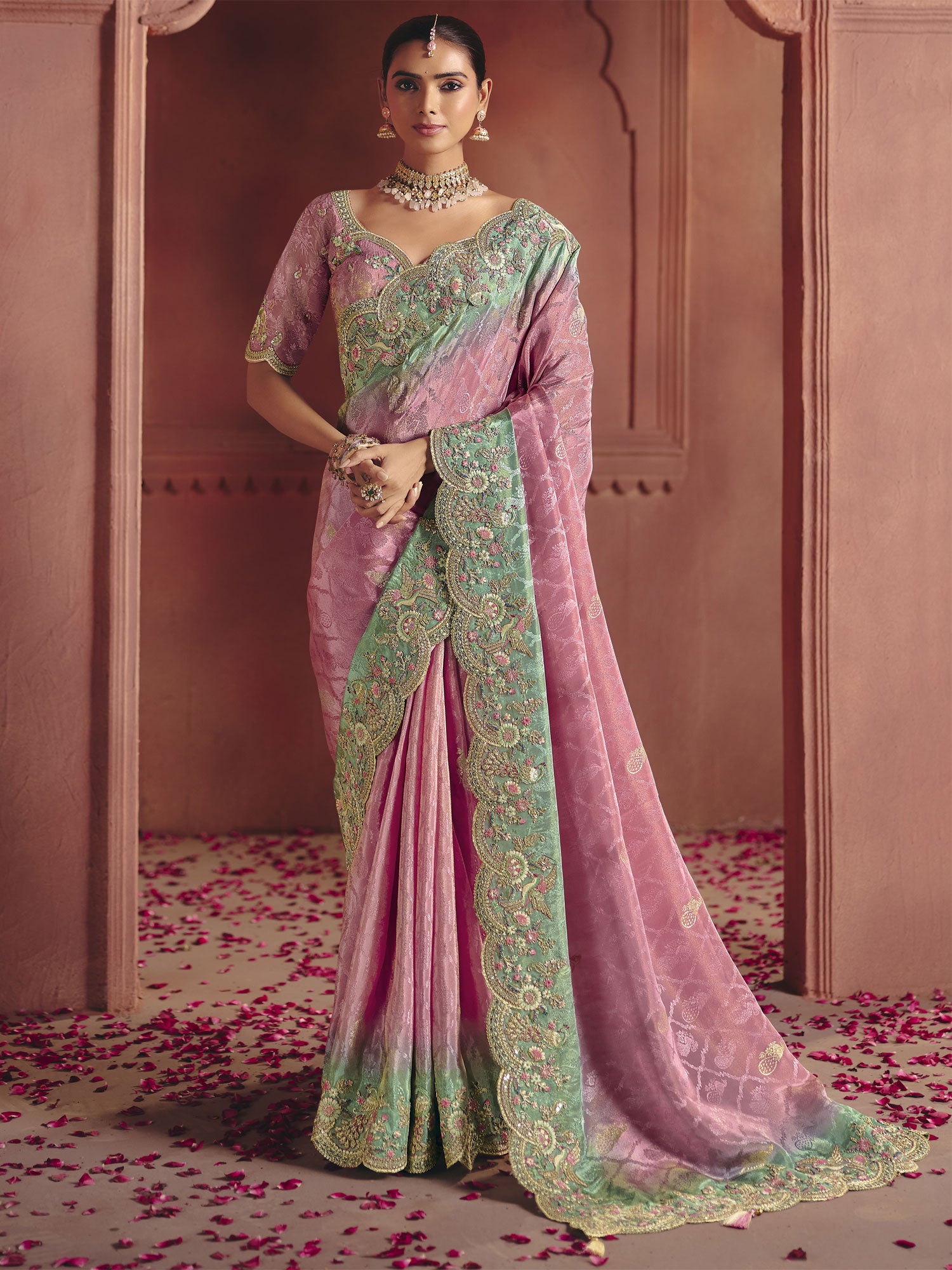 Pink Party Saree With Embroidered Border