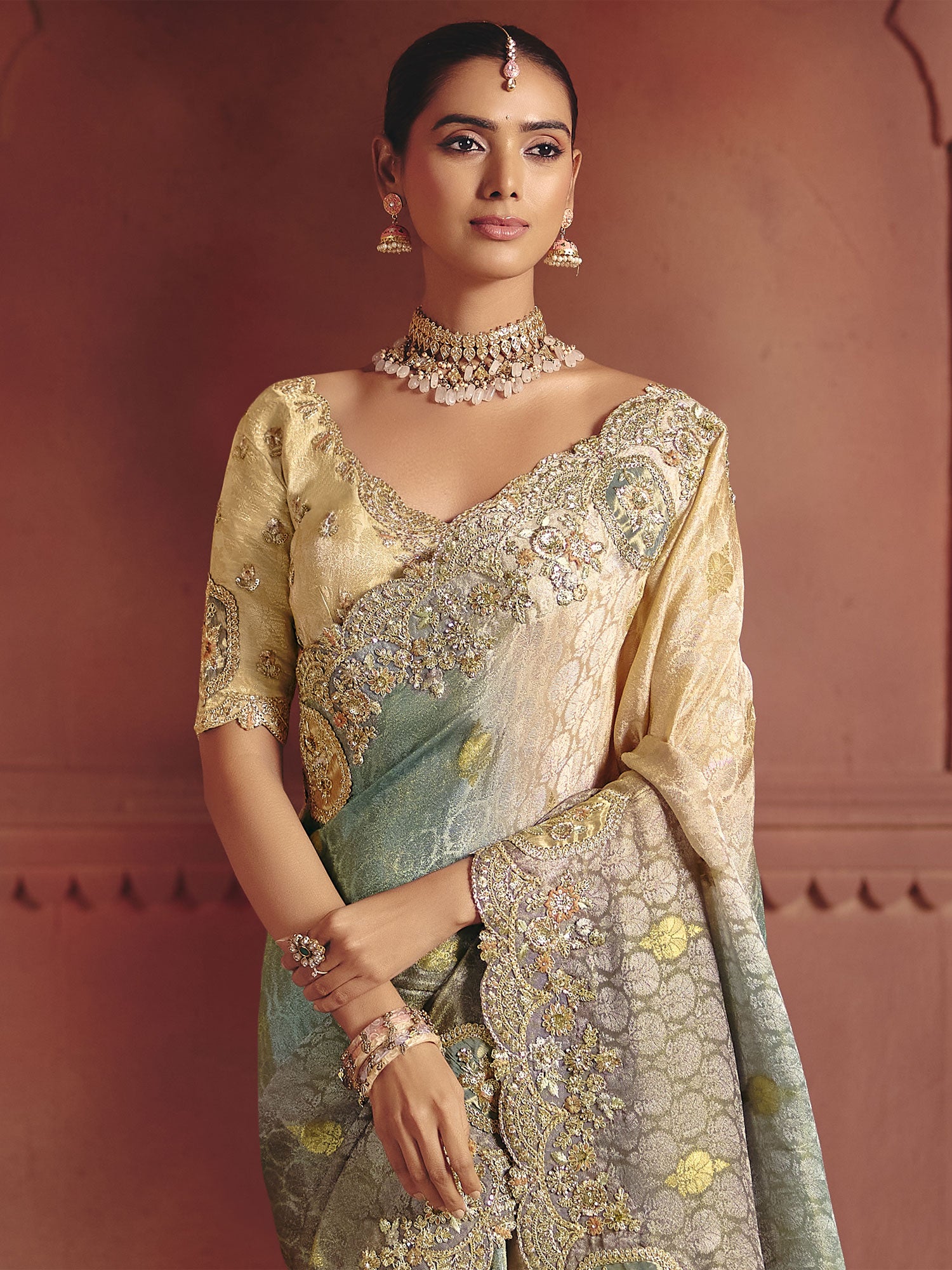 Beige And Grey Embroidered Saree In Silk