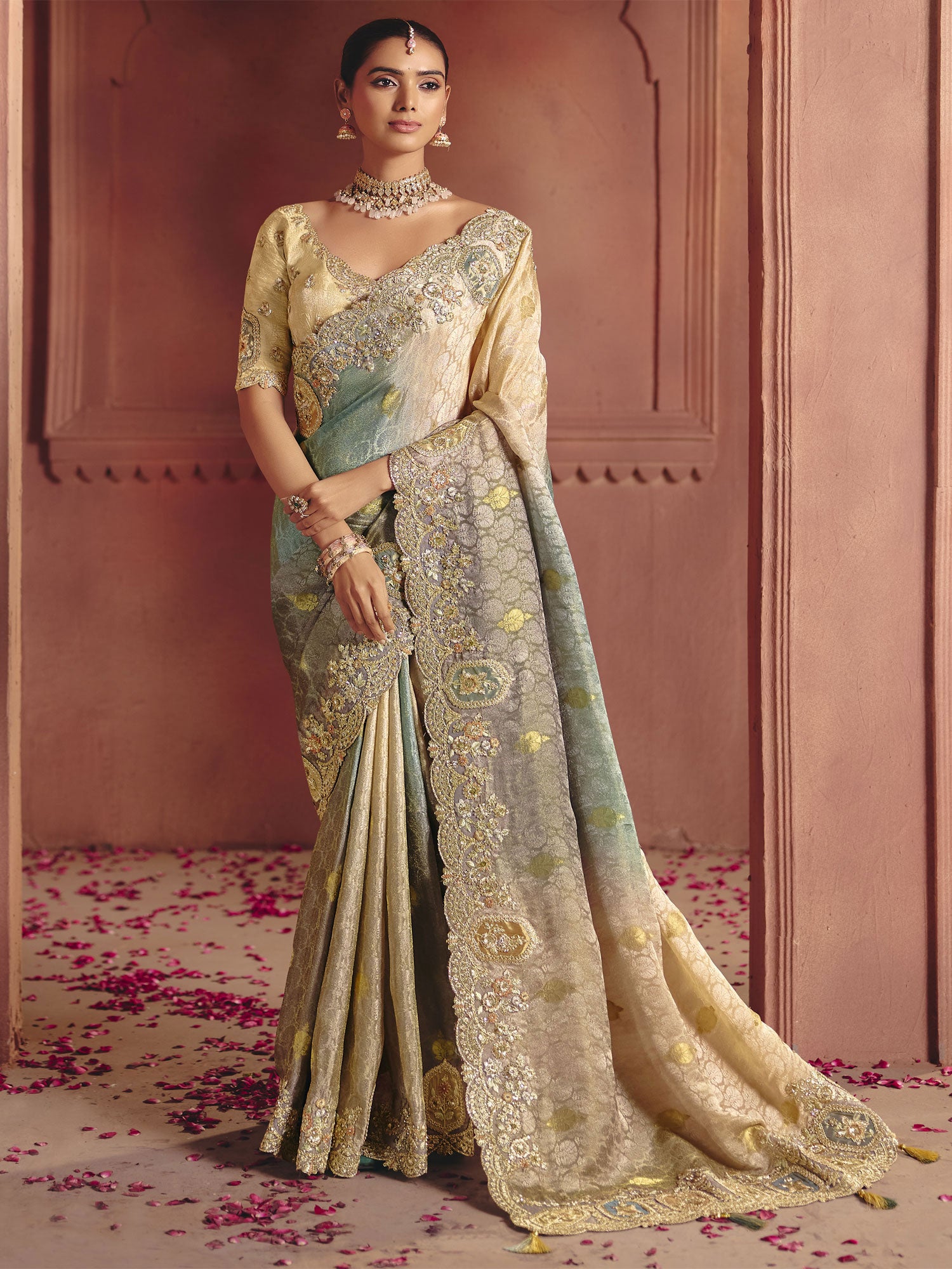 Beige And Grey Embroidered Saree In Silk