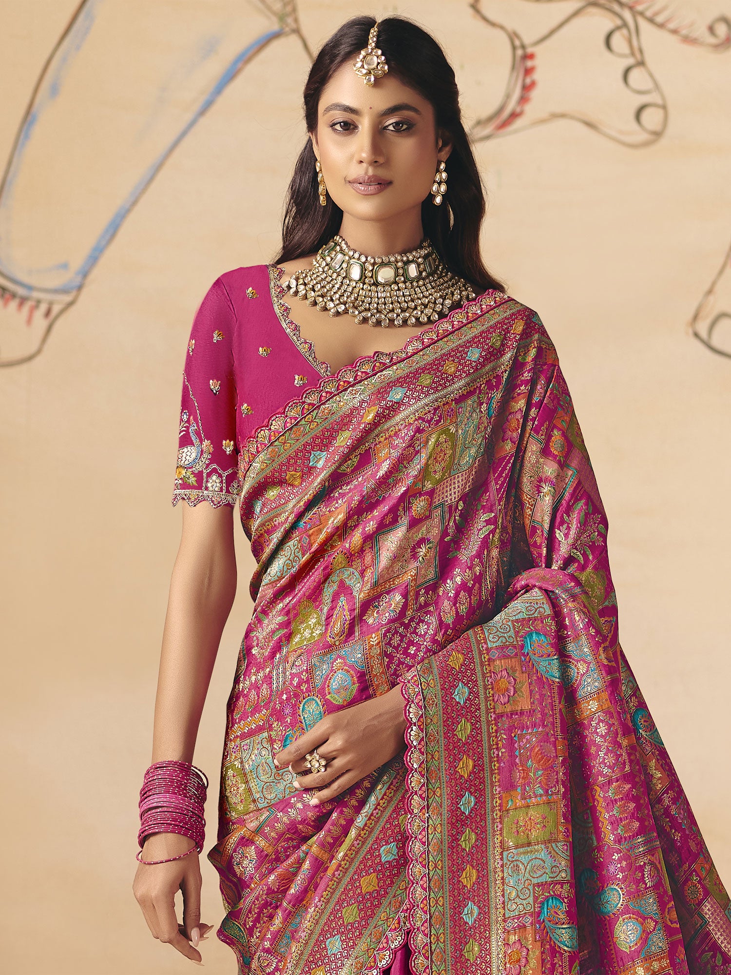 Rani Pink Zari Weaving Festive Saree In Silk
