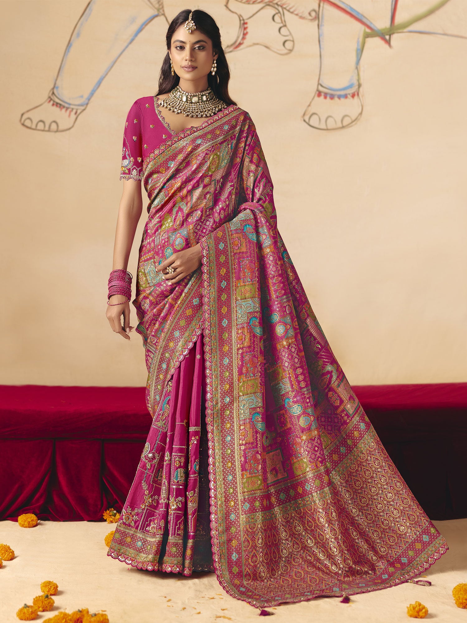Rani Pink Zari Weaving Festive Saree In Silk