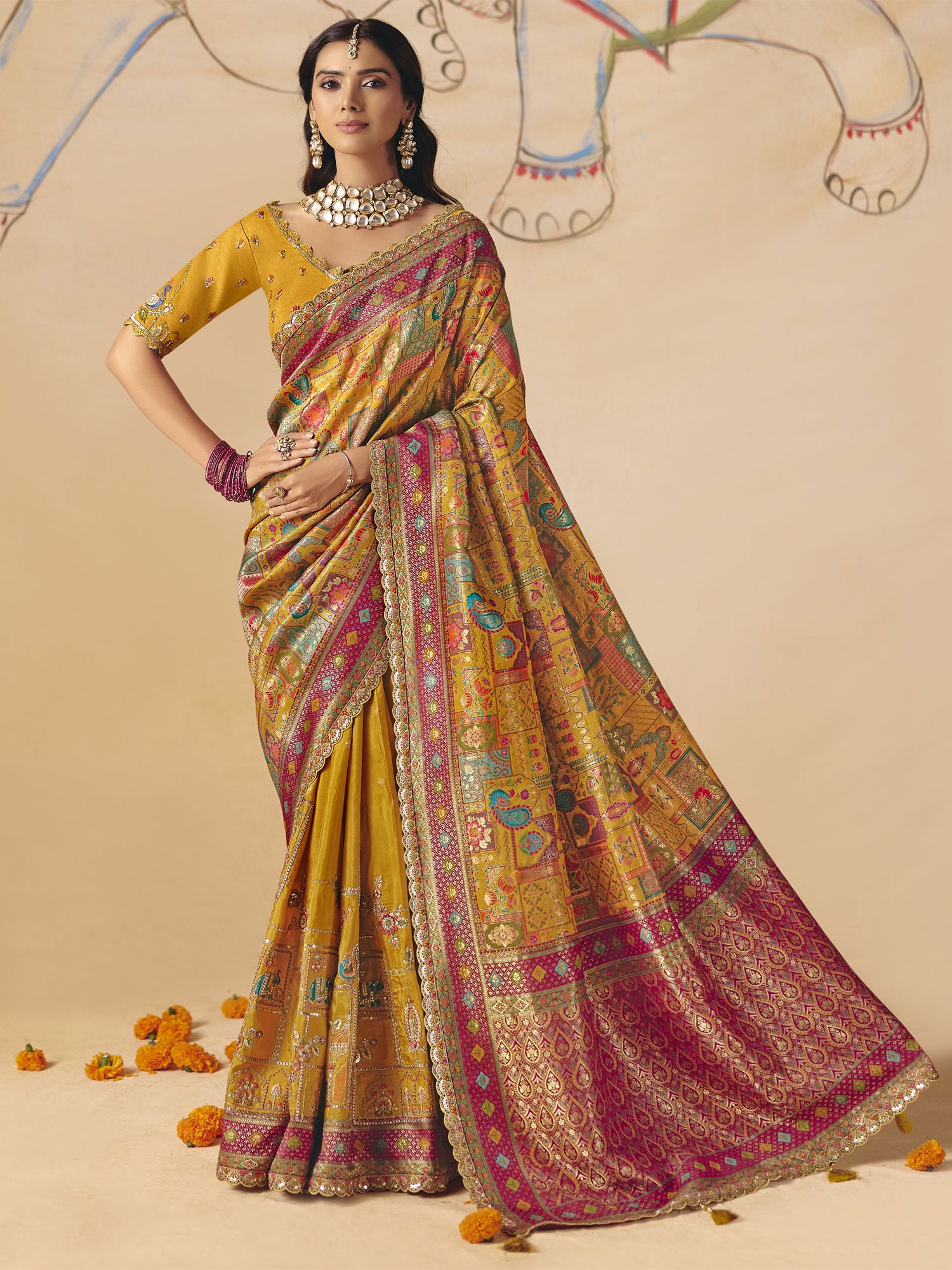Yellow Wedding Wear Saree With Woven Pallu