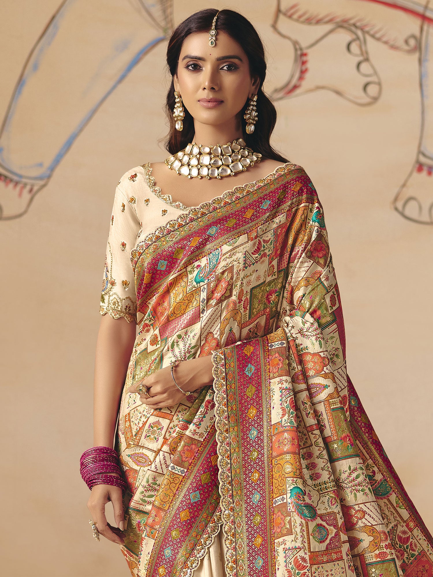 Beige Festive Silk Saree In Thread Work