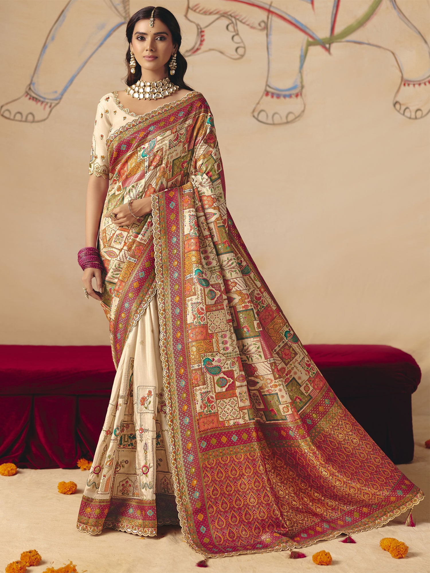 Beige Festive Silk Saree In Thread Work