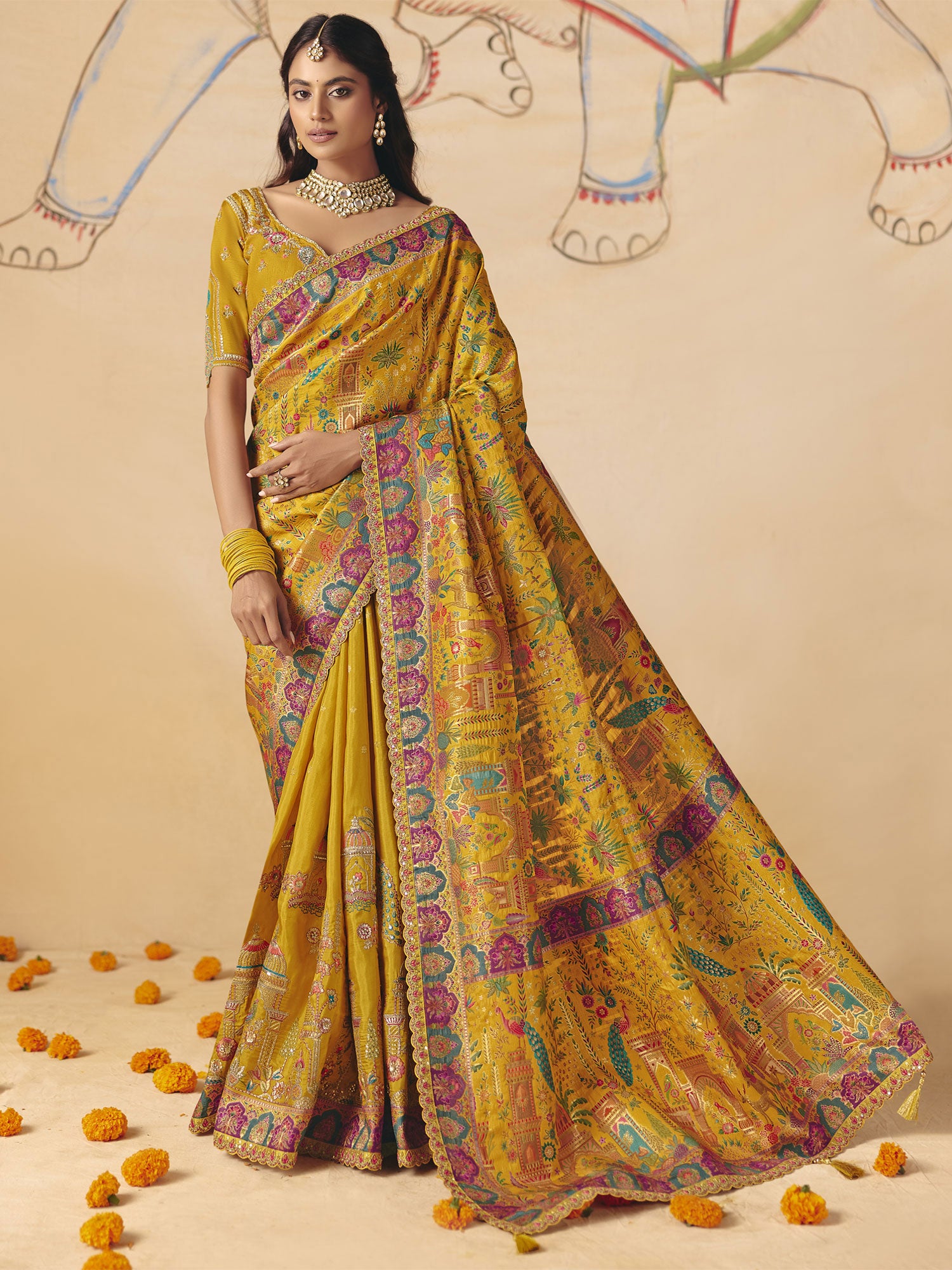 Mustard Yellow Festive Saree With Blouse