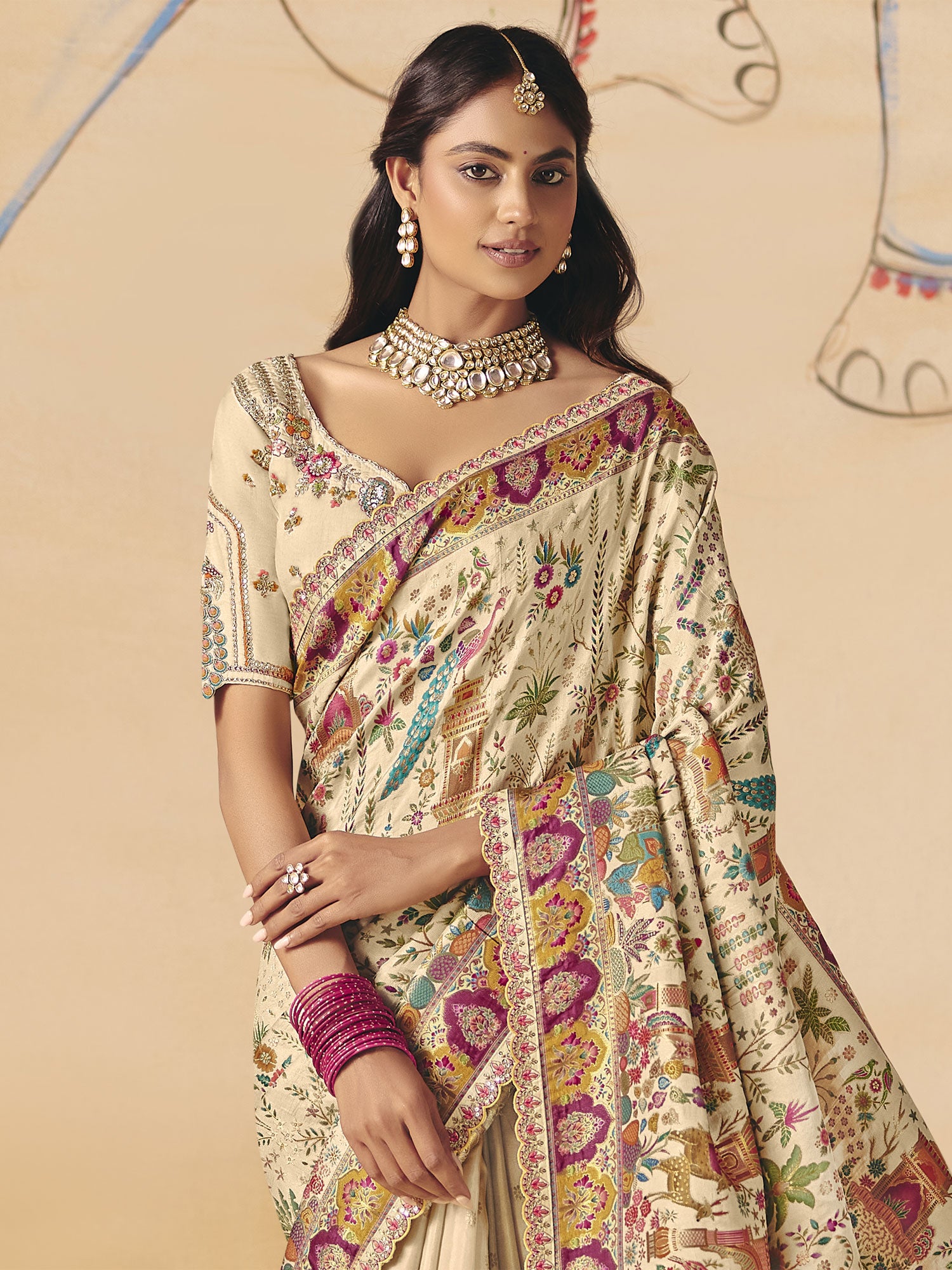 Light Beige Silk Saree In Sequins Work