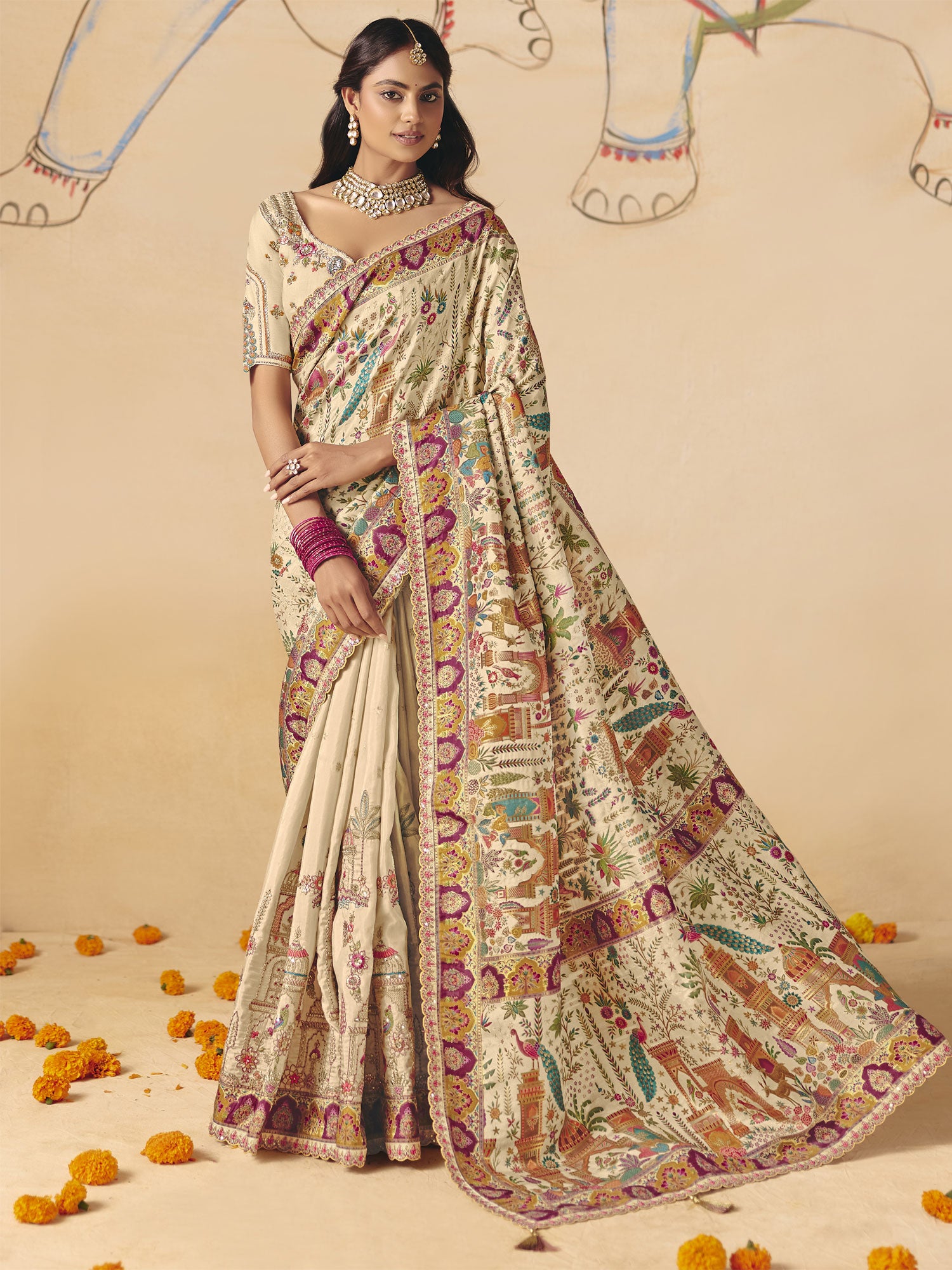 Light Beige Silk Saree In Sequins Work