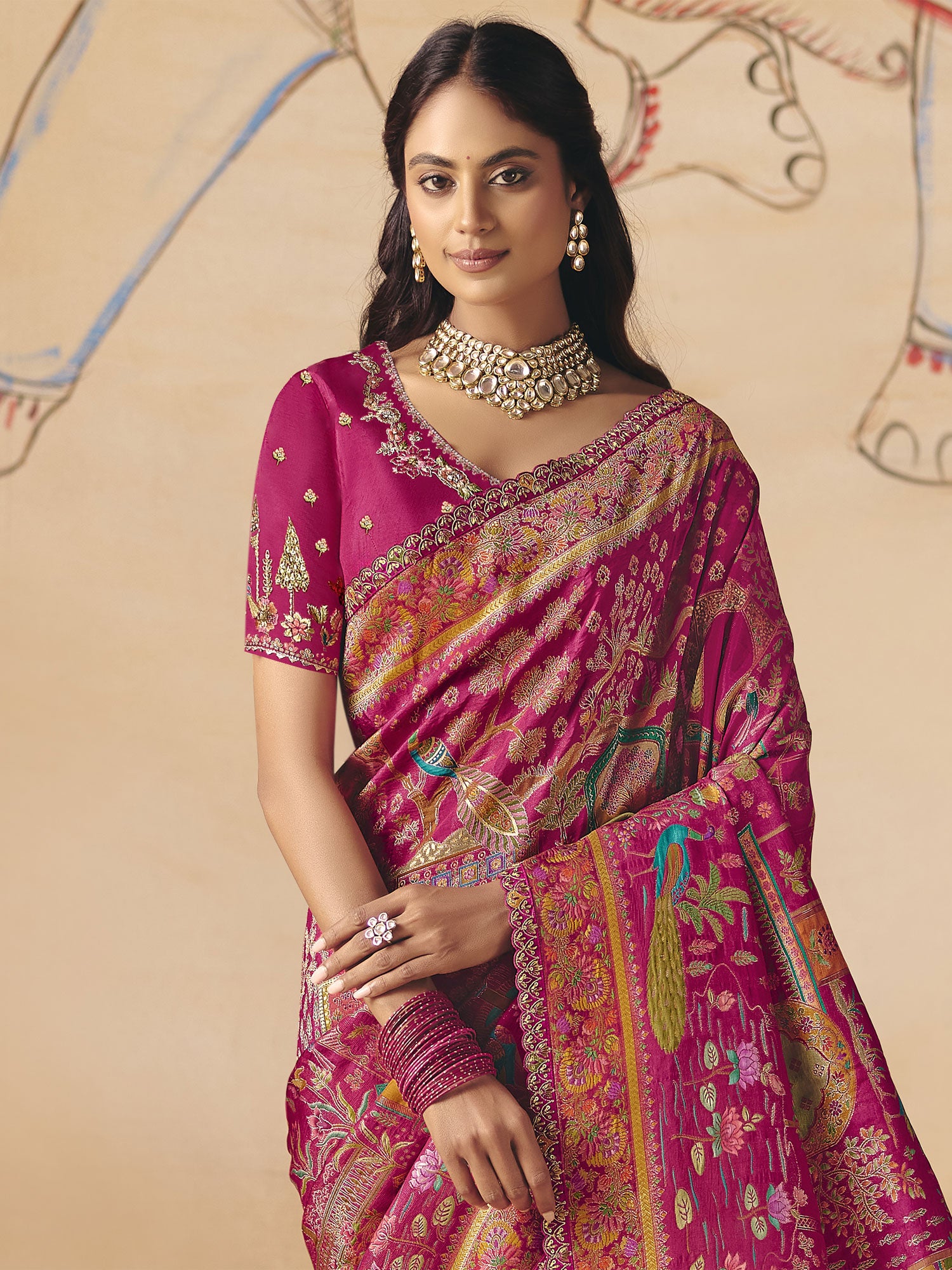 Rani Pink Wedding Saree In Zari Weaving