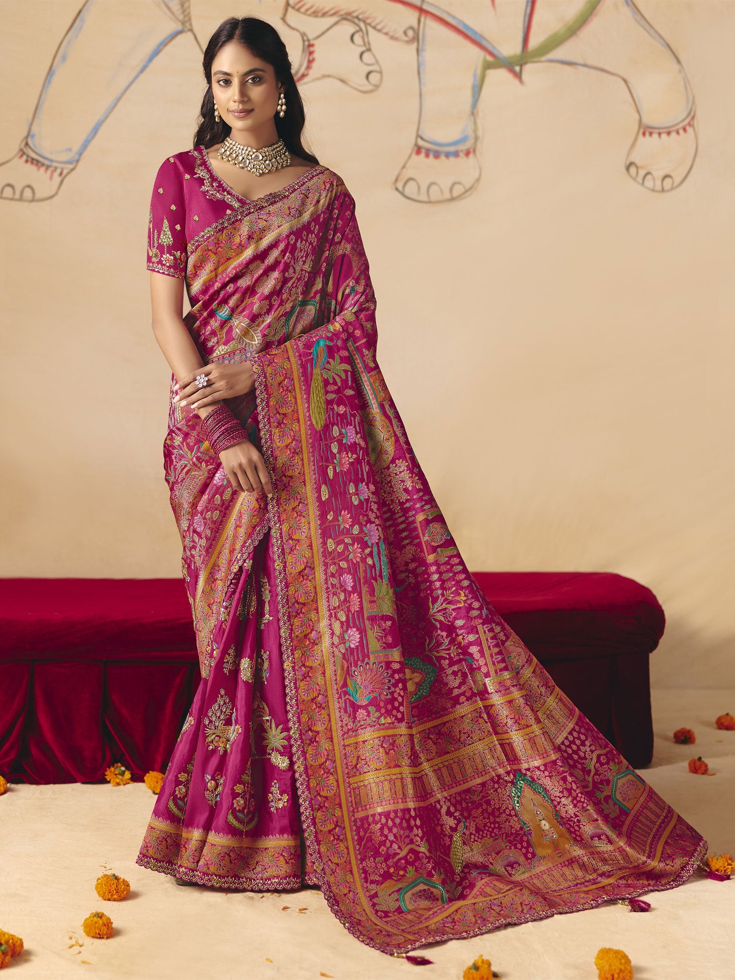 Rani Pink Wedding Saree In Zari Weaving