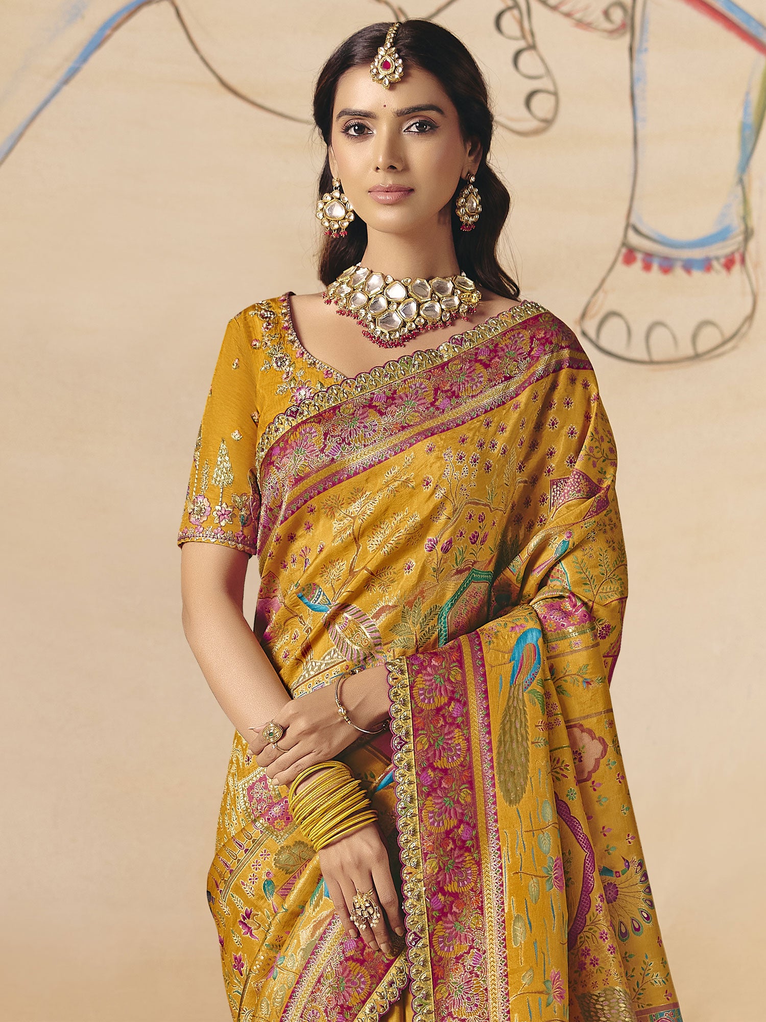 Dark Yellow Sequins Work Augmented Silk Saree