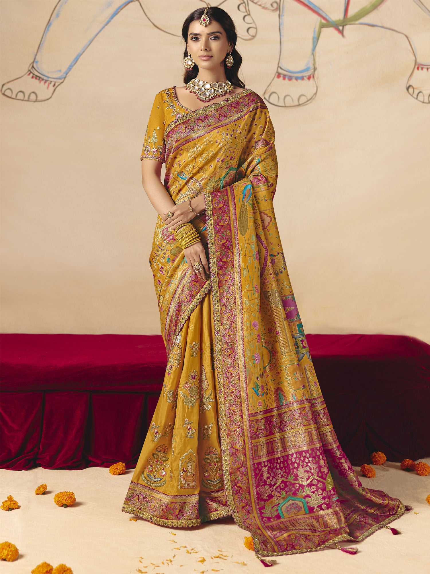 Dark Yellow Sequins Work Augmented Silk Saree
