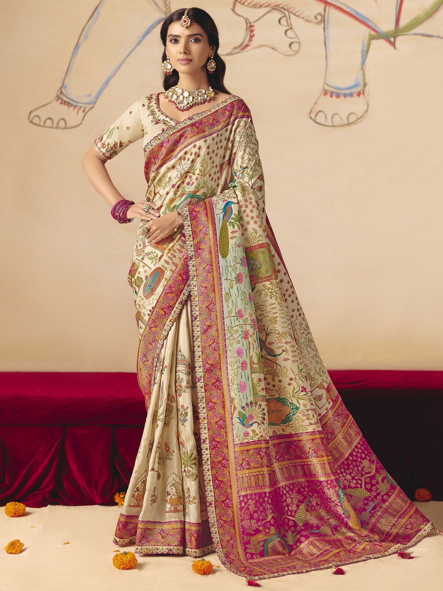 Beige Traditional Wear Saree With Woven Pallu