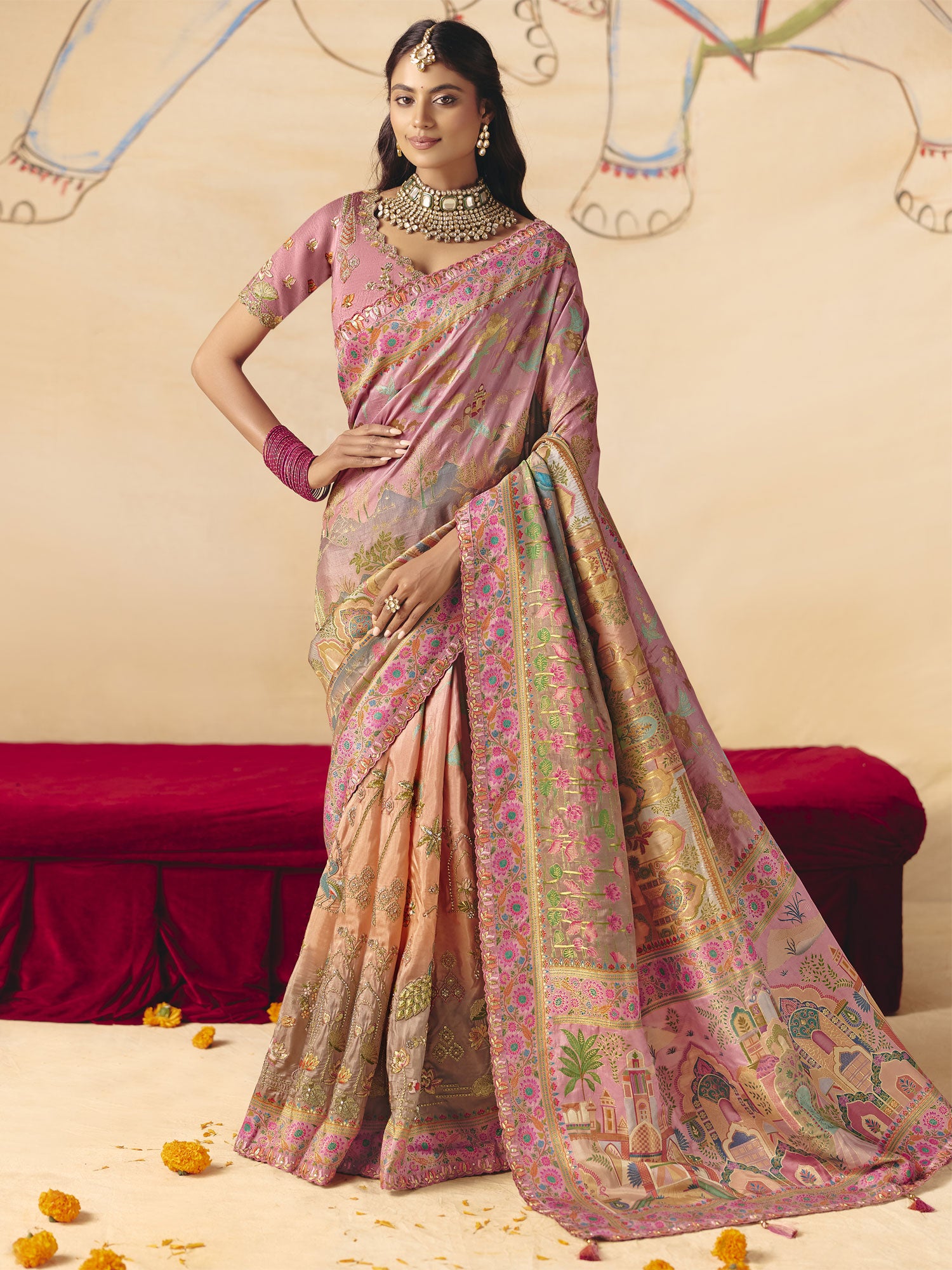 Multicolor Heavy Embroidered Shaded Saree
