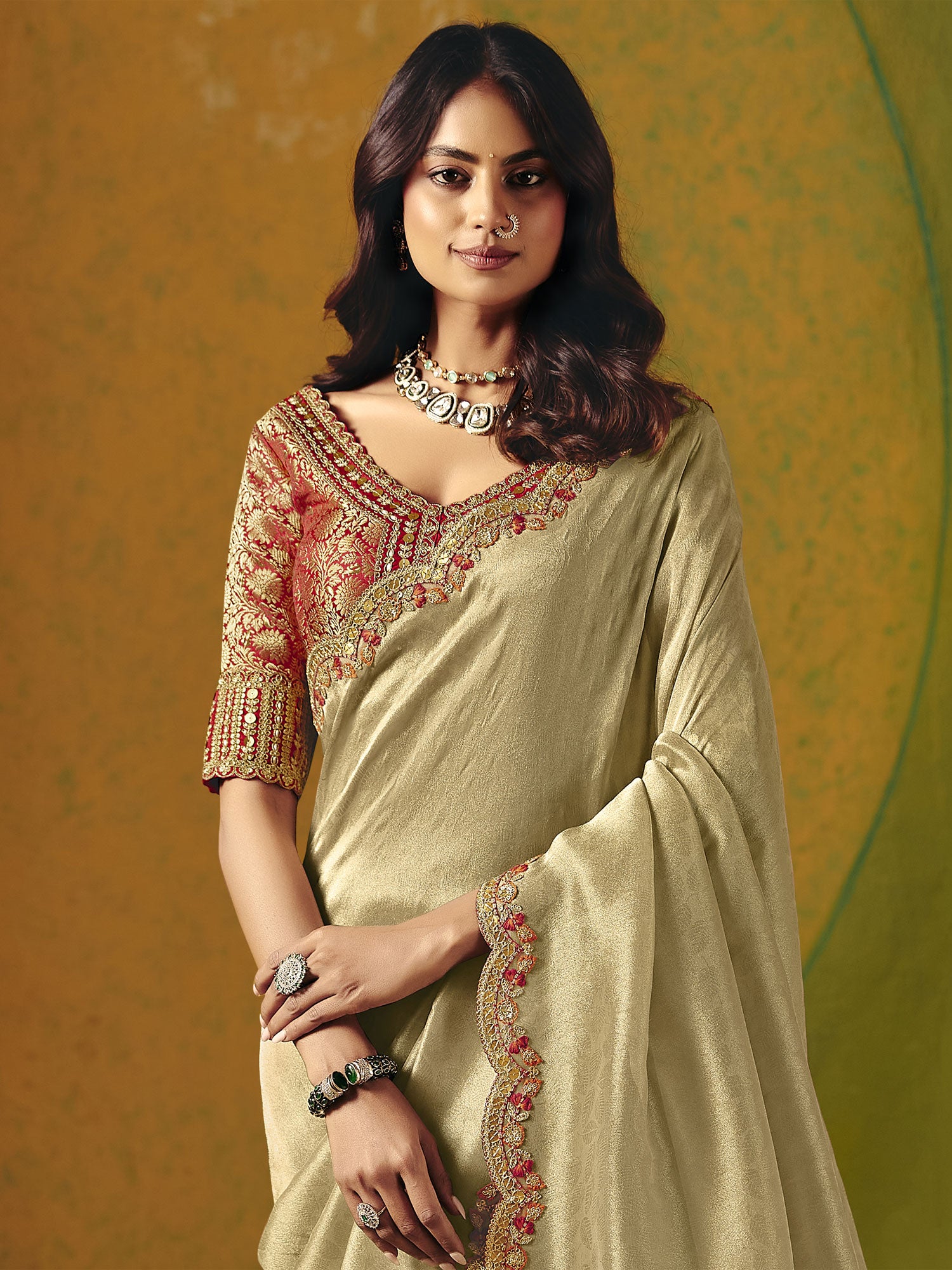 Beige Heavy Embroidered Saree With Blouse
