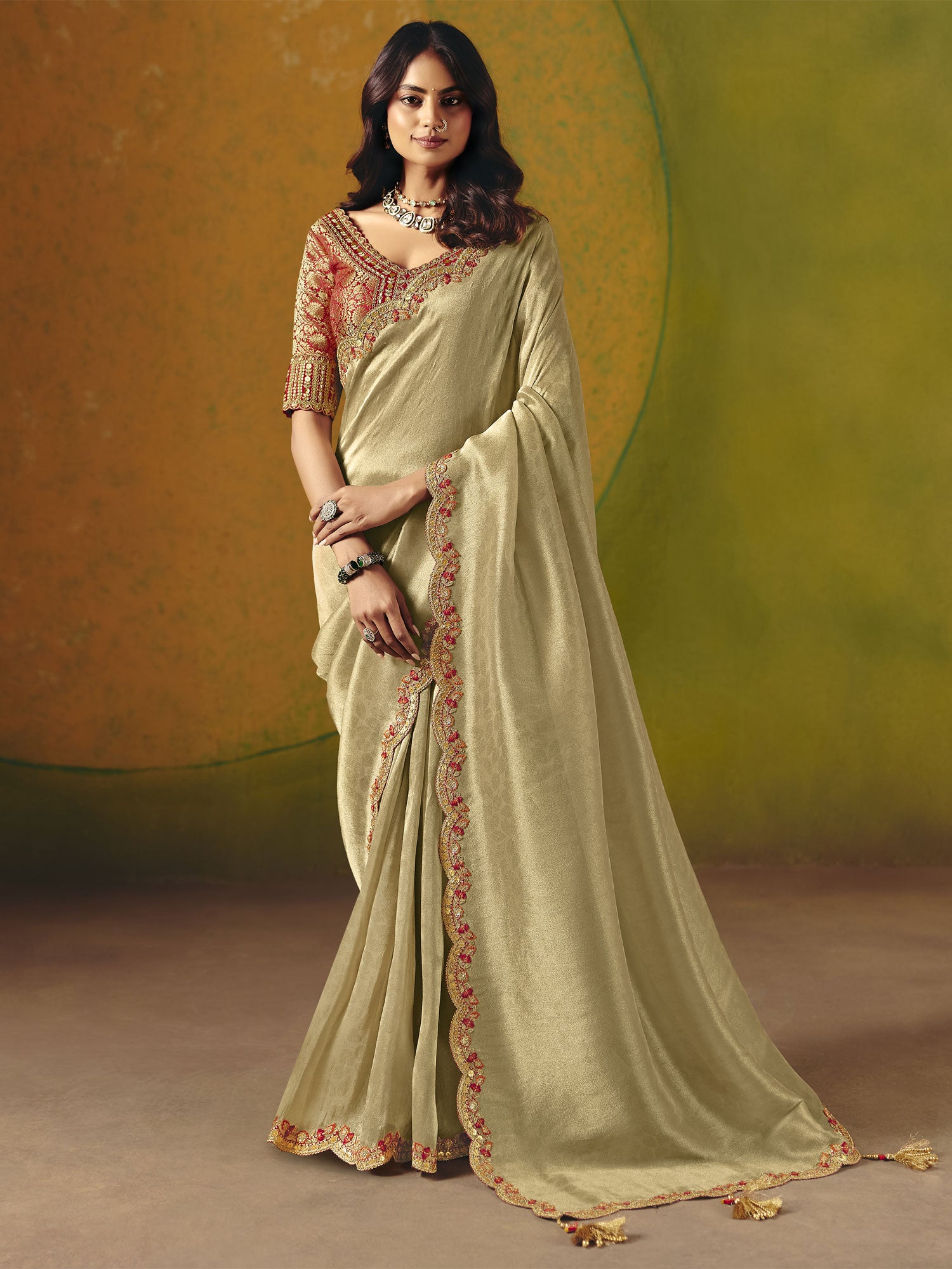 Beige Heavy Embroidered Saree With Blouse