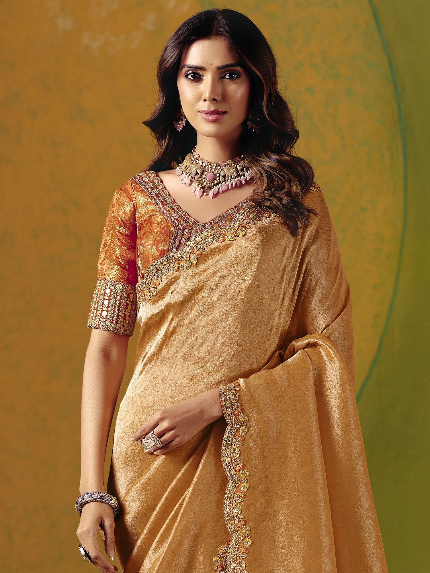 Peach Wedding Wear Saree In Sequins Work