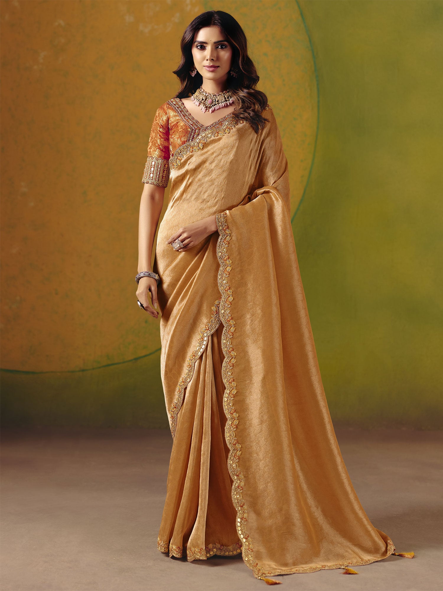 Peach Wedding Wear Saree In Sequins Work
