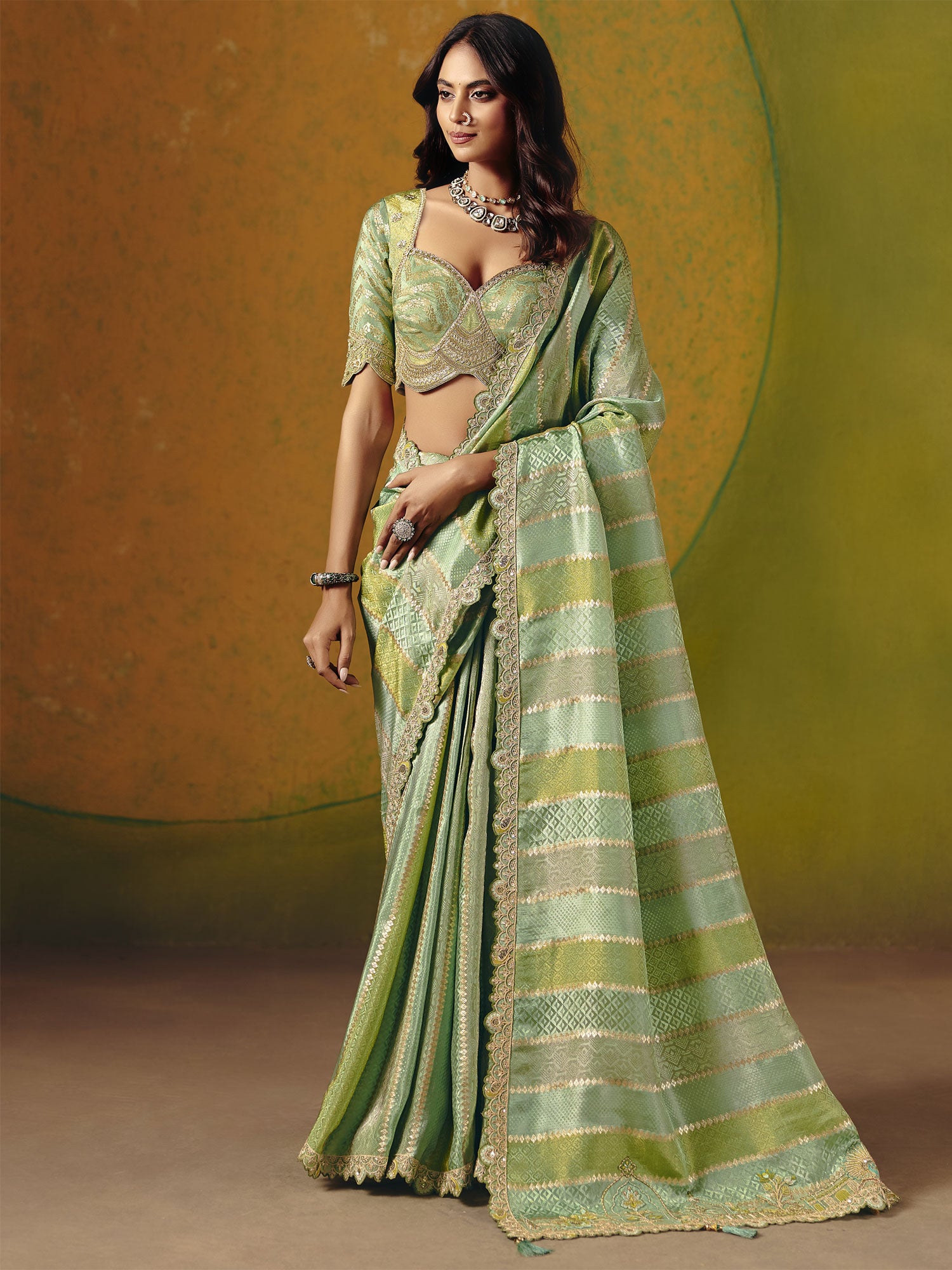 Green Bridesmaid Saree With Zari Embellishment