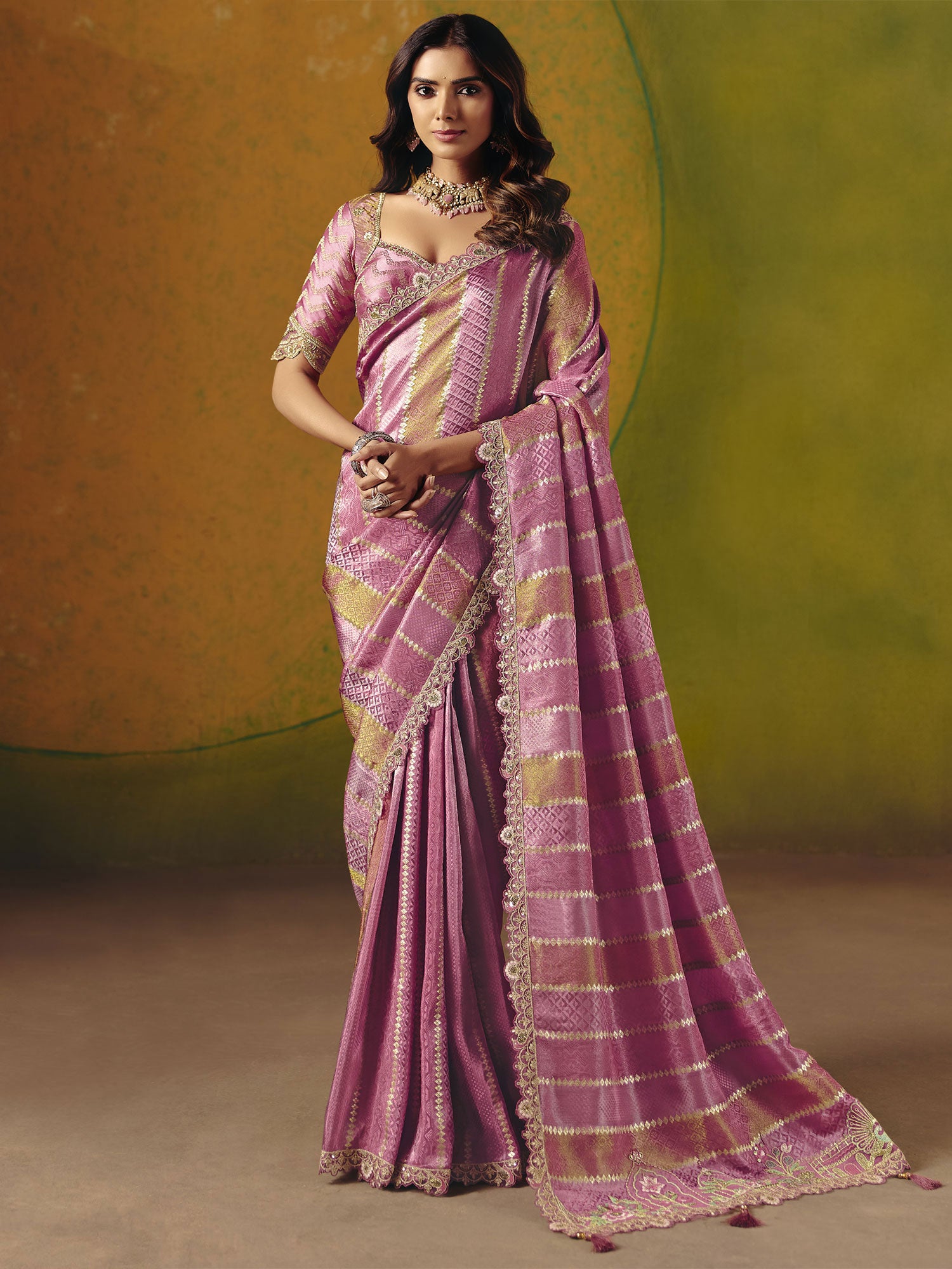 Pink Zari Work Bridesmaid Saree In Jacquard Silk