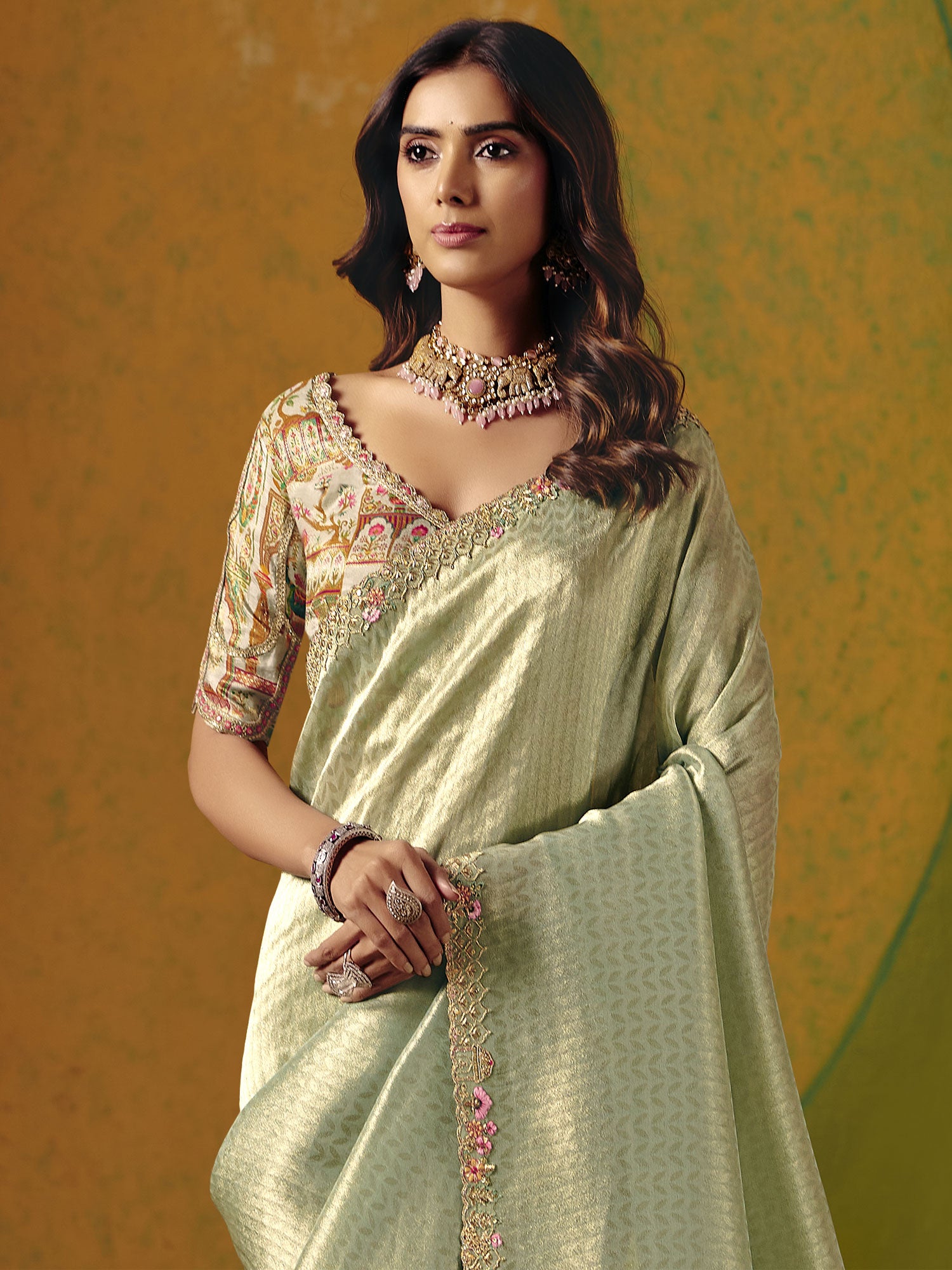 Pista Green Silk Saree In Zari Woven Work