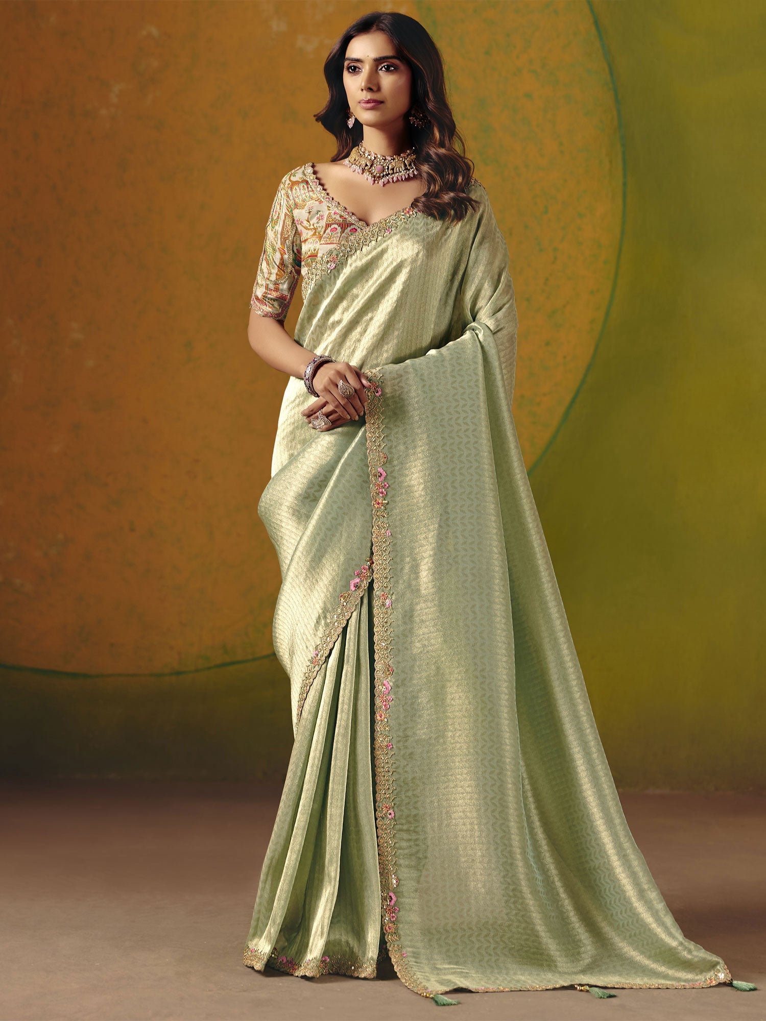 Pista Green Silk Saree In Zari Woven Work