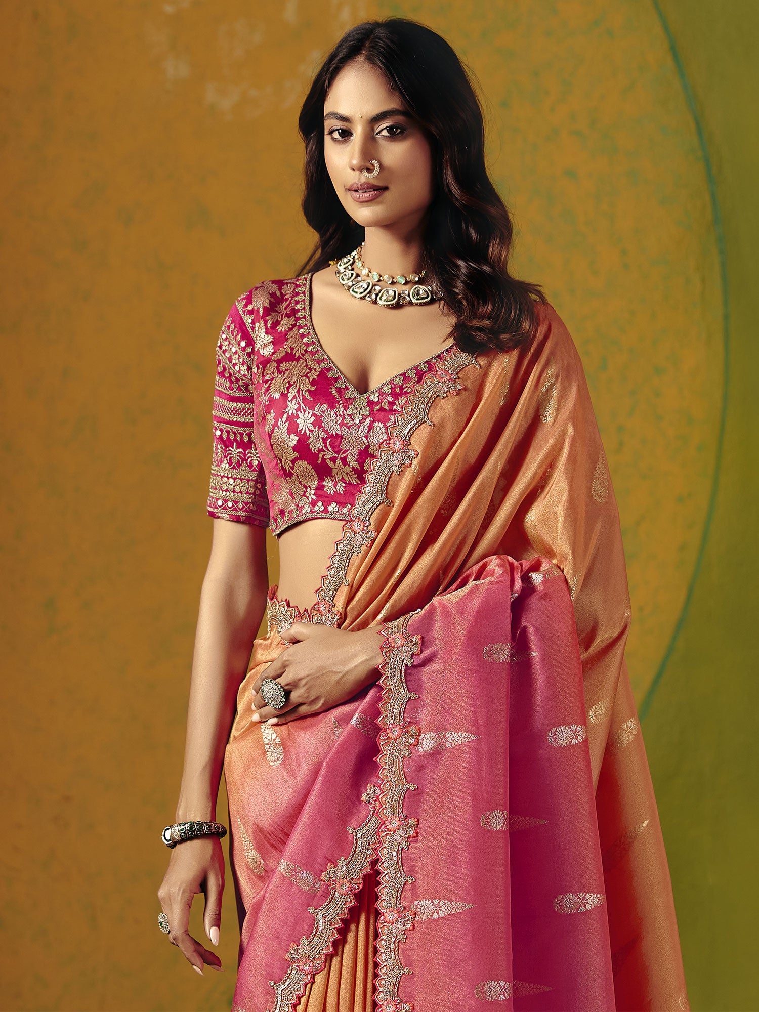 Pink And Orange Ombre Shaded Saree In Silk