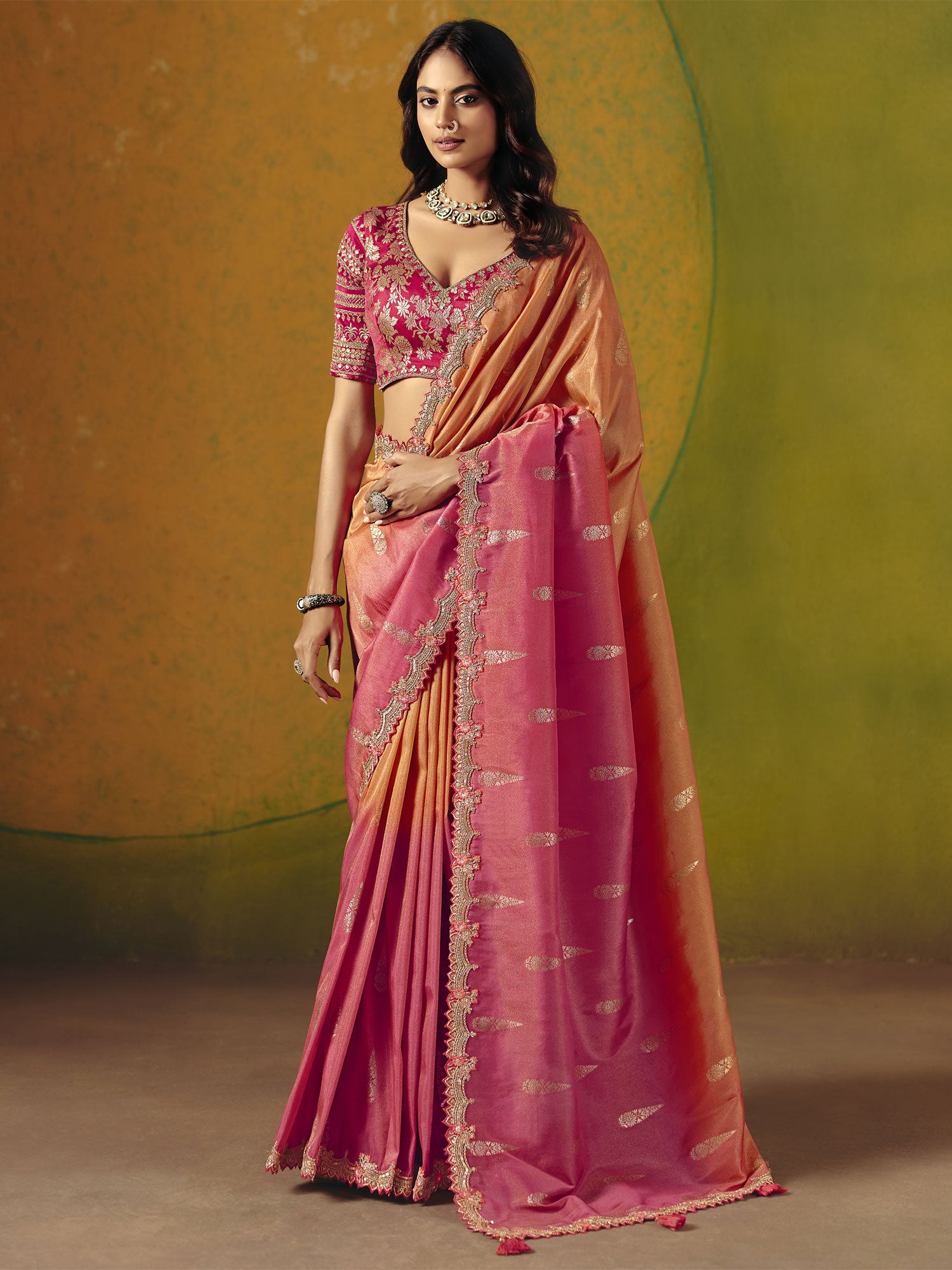 Pink And Orange Ombre Shaded Saree In Silk