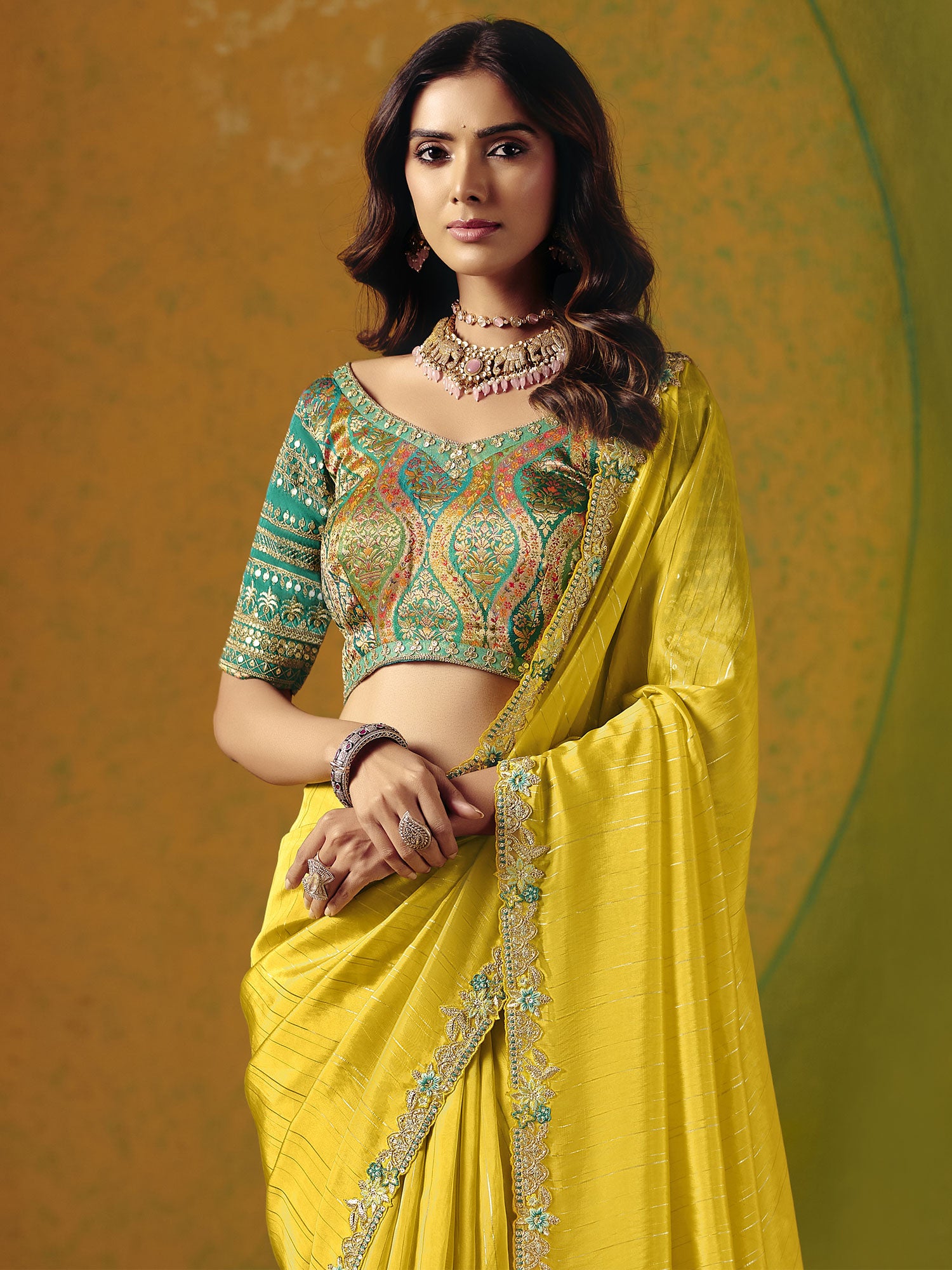 Yellow Floral Thread Work Wedding Saree