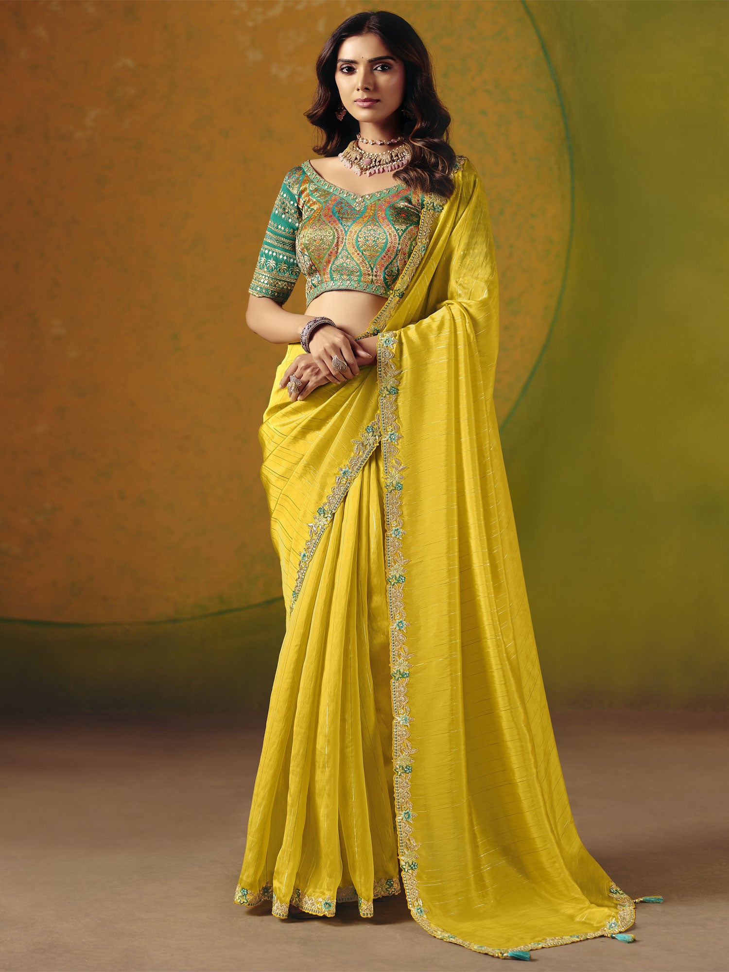 Yellow Floral Thread Work Wedding Saree