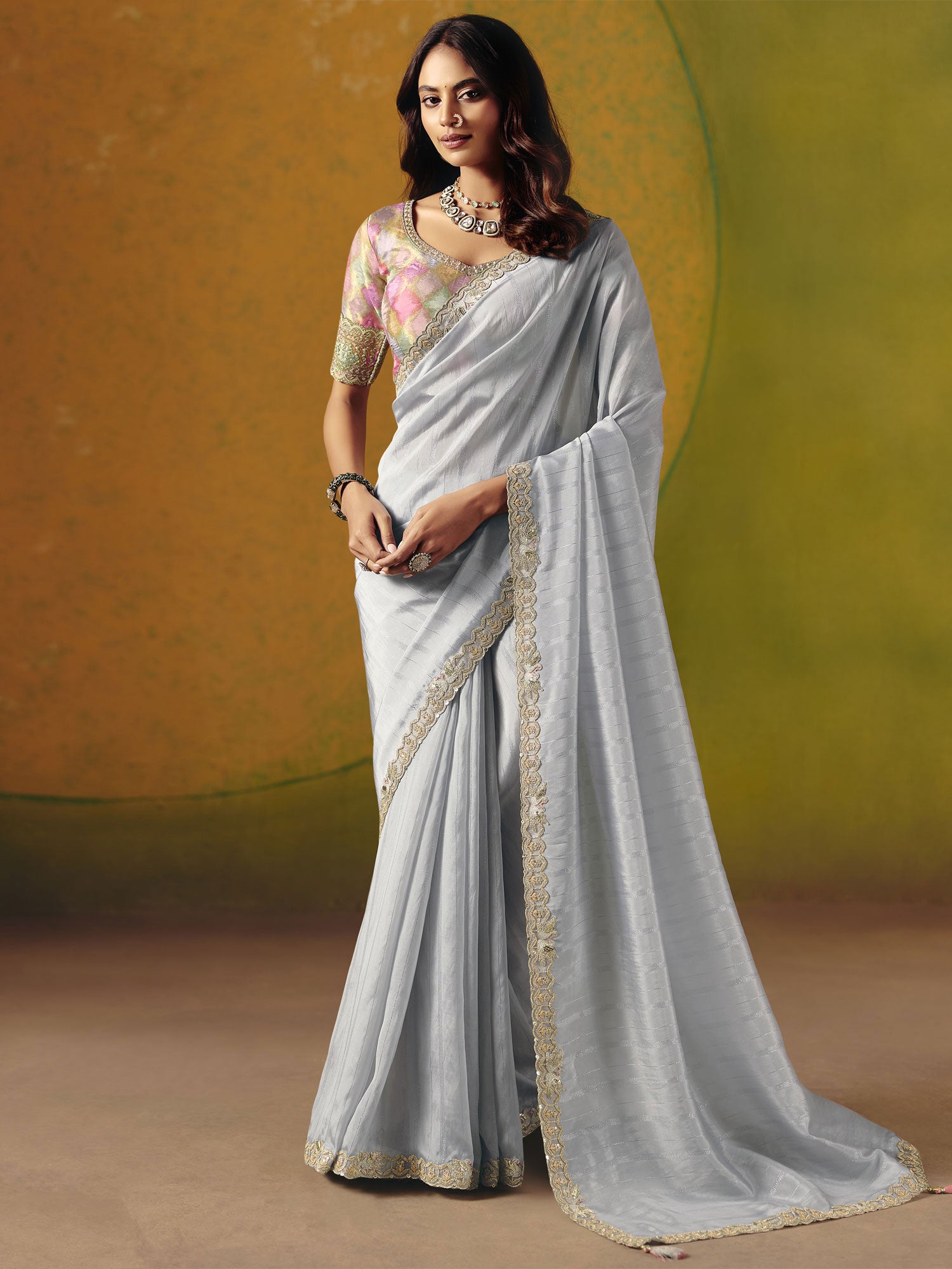 Light Blue Party Wear Saree In Thread Work