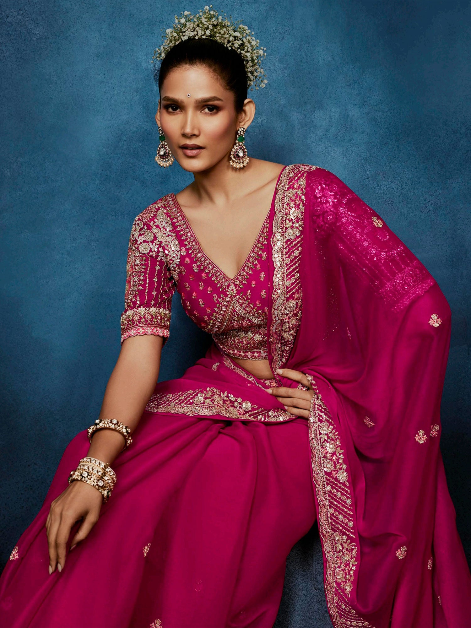 Rani Pink Stone Embroidered Wedding Saree