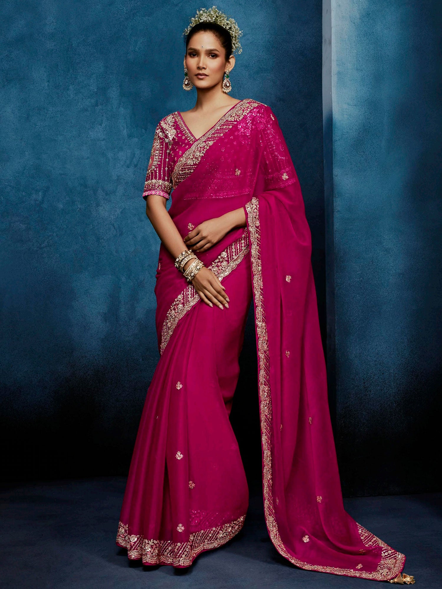 Rani Pink Stone Embroidered Wedding Saree