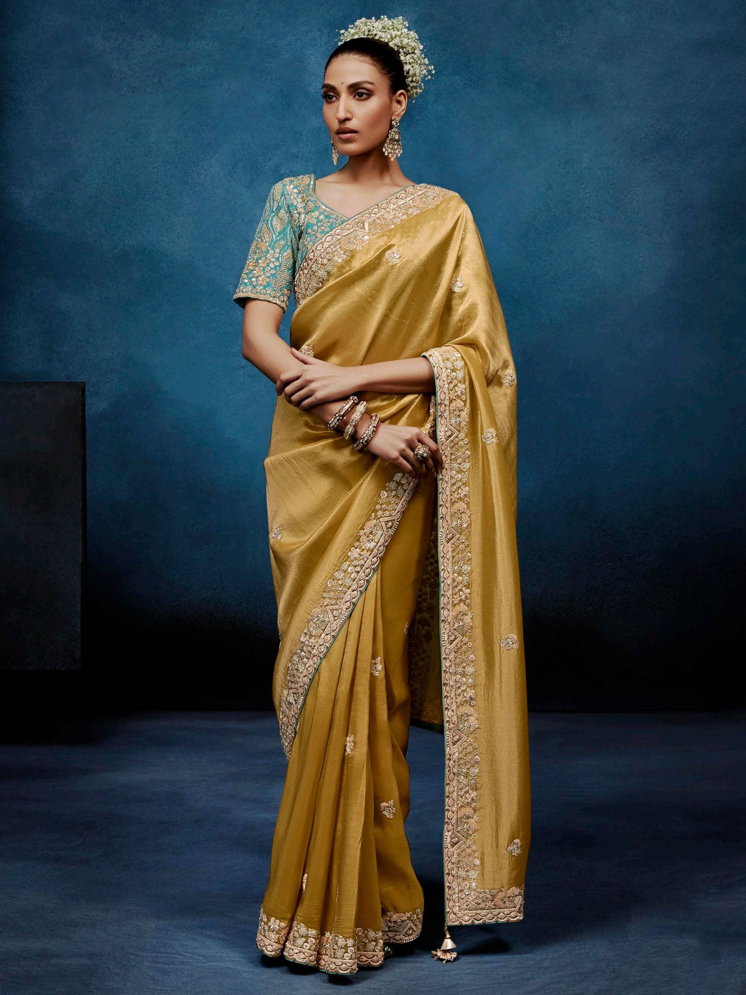 Yellow Wedding Silk Saree In Heavy Embroidery