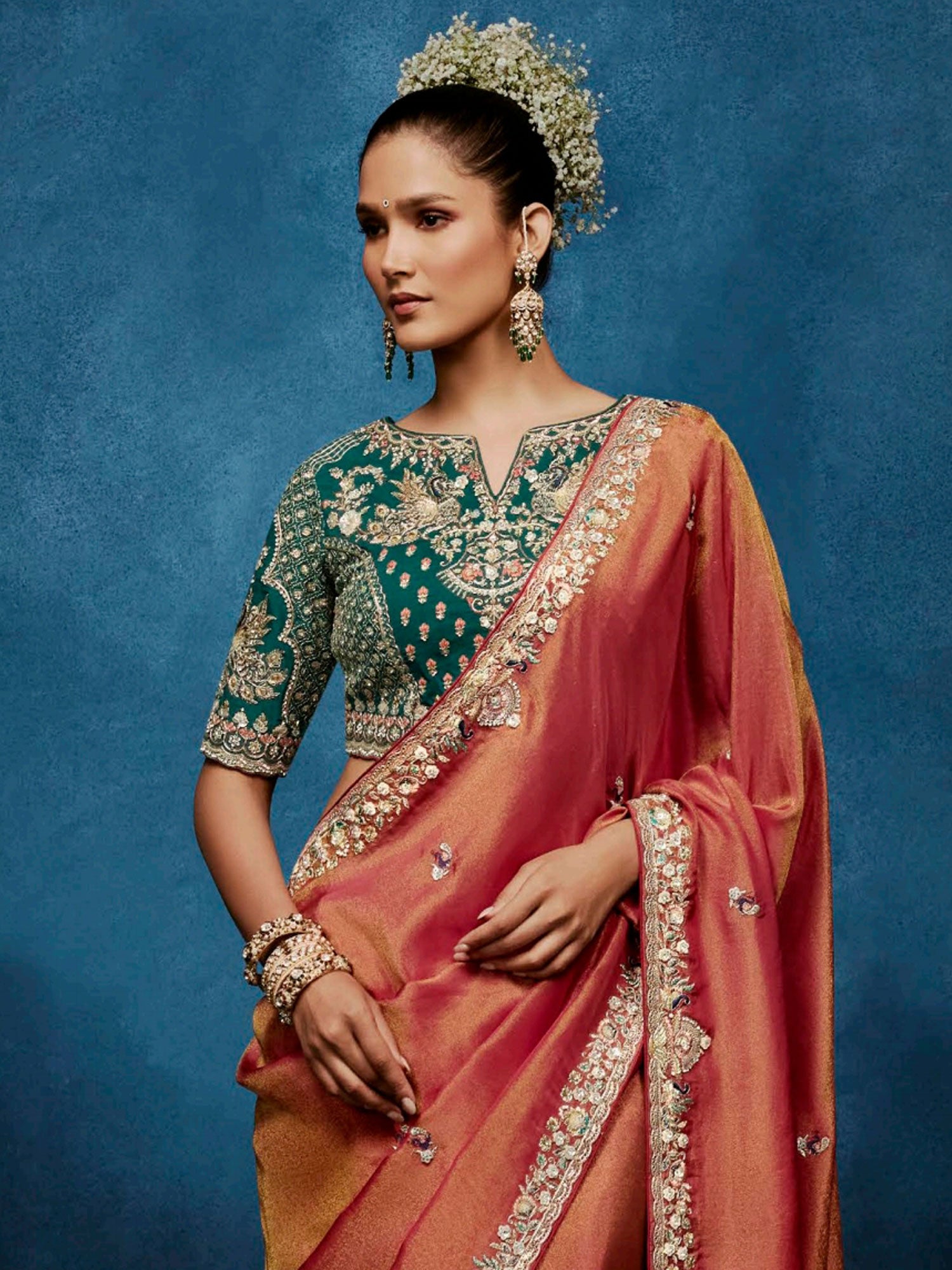Dark Peach Bridesmaid Saree With Floral Borders