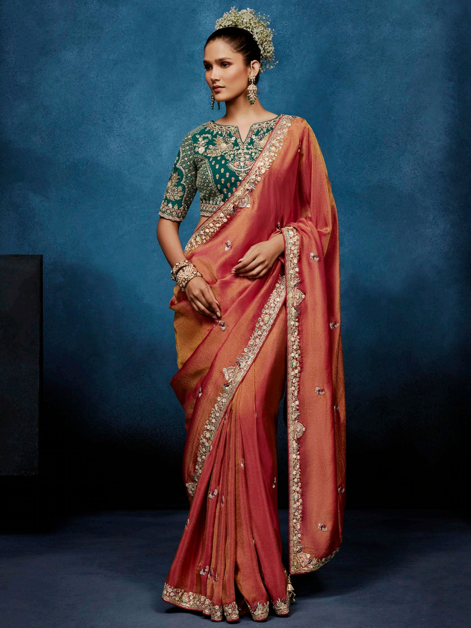 Dark Peach Bridesmaid Saree With Floral Borders