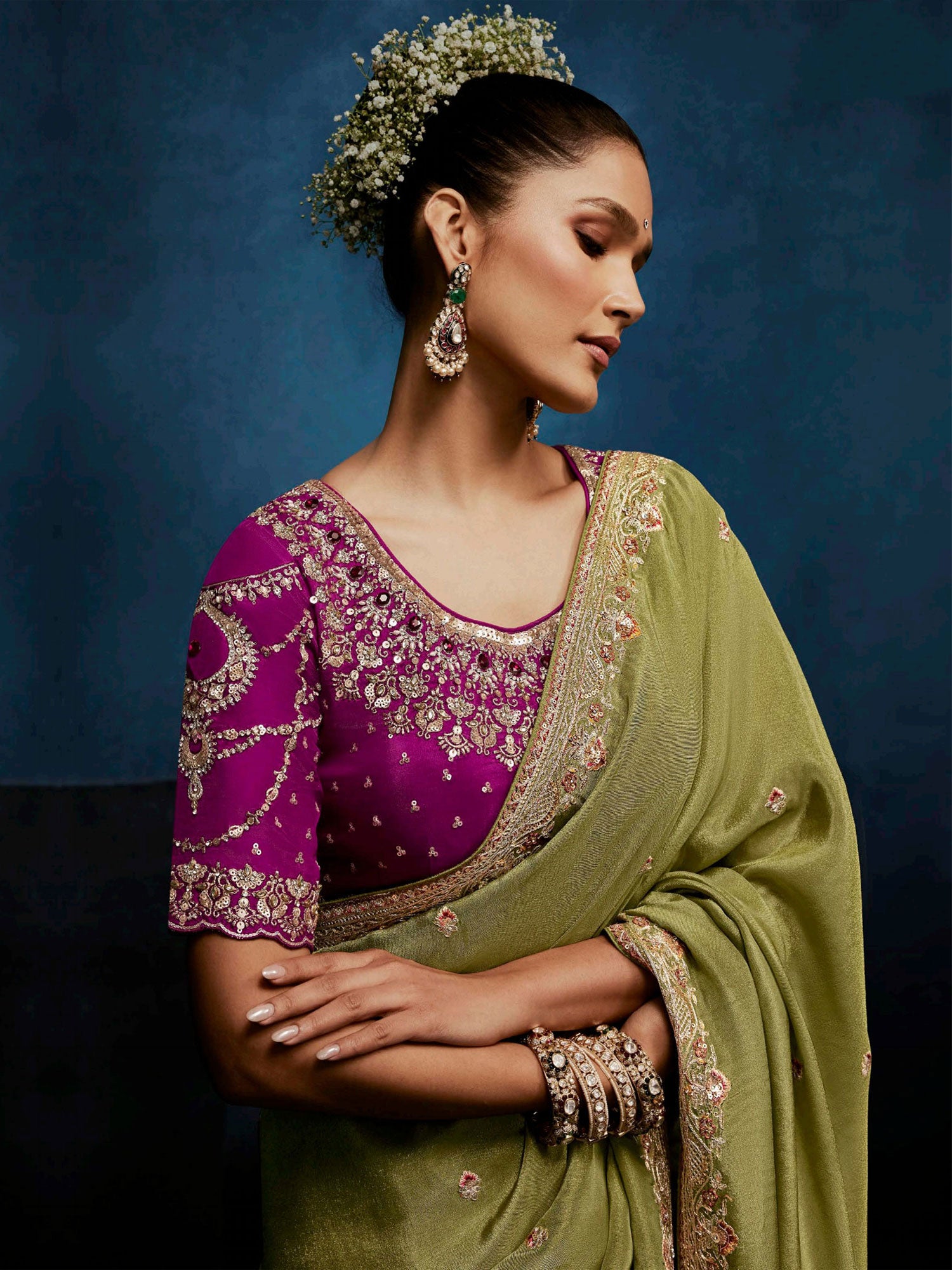 Olive Green Silk Saree In Floral Thread Work