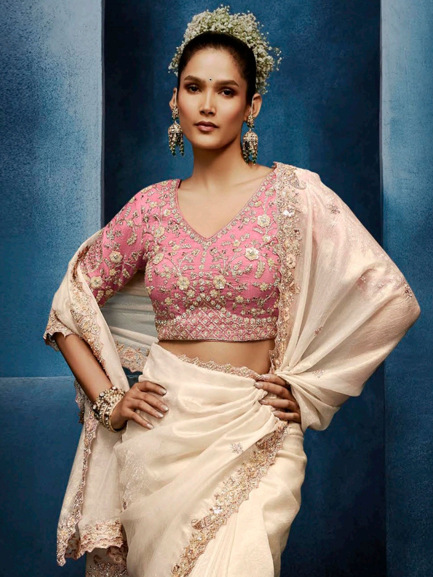 Cream Party Saree With Embroidered Borders