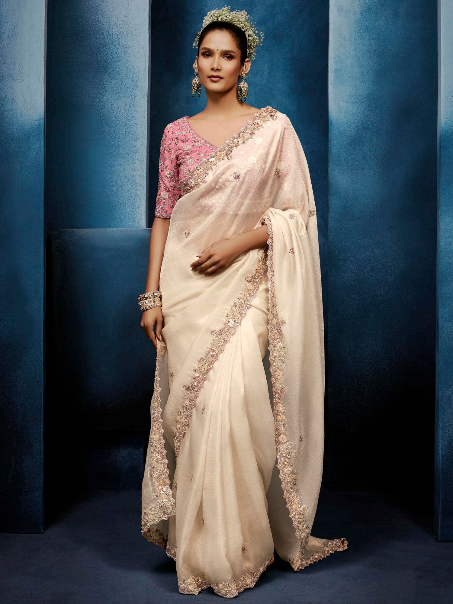 Cream Party Saree With Embroidered Borders