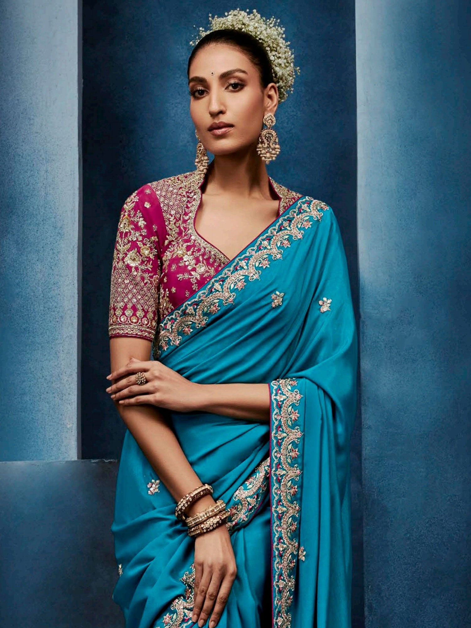 Blue Zari Work Enhanced Wedding Saree