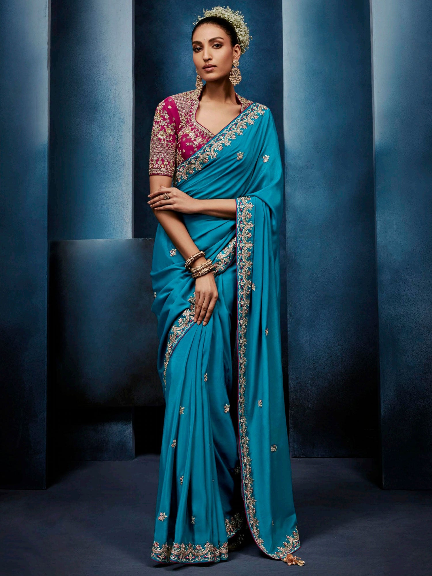 Blue Zari Work Enhanced Wedding Saree