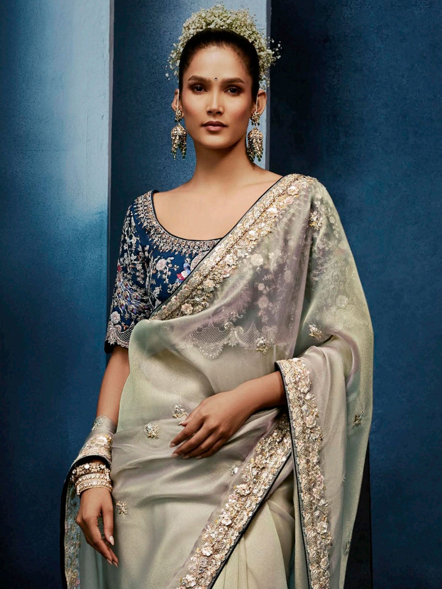 Grey Party Wear Saree With Heavy Blouse
