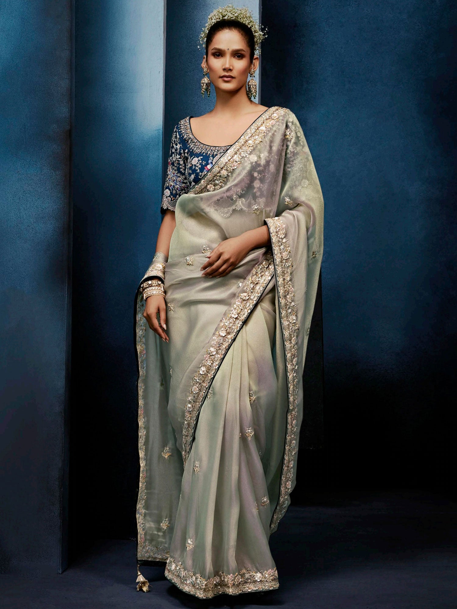 Grey Party Wear Saree With Heavy Blouse