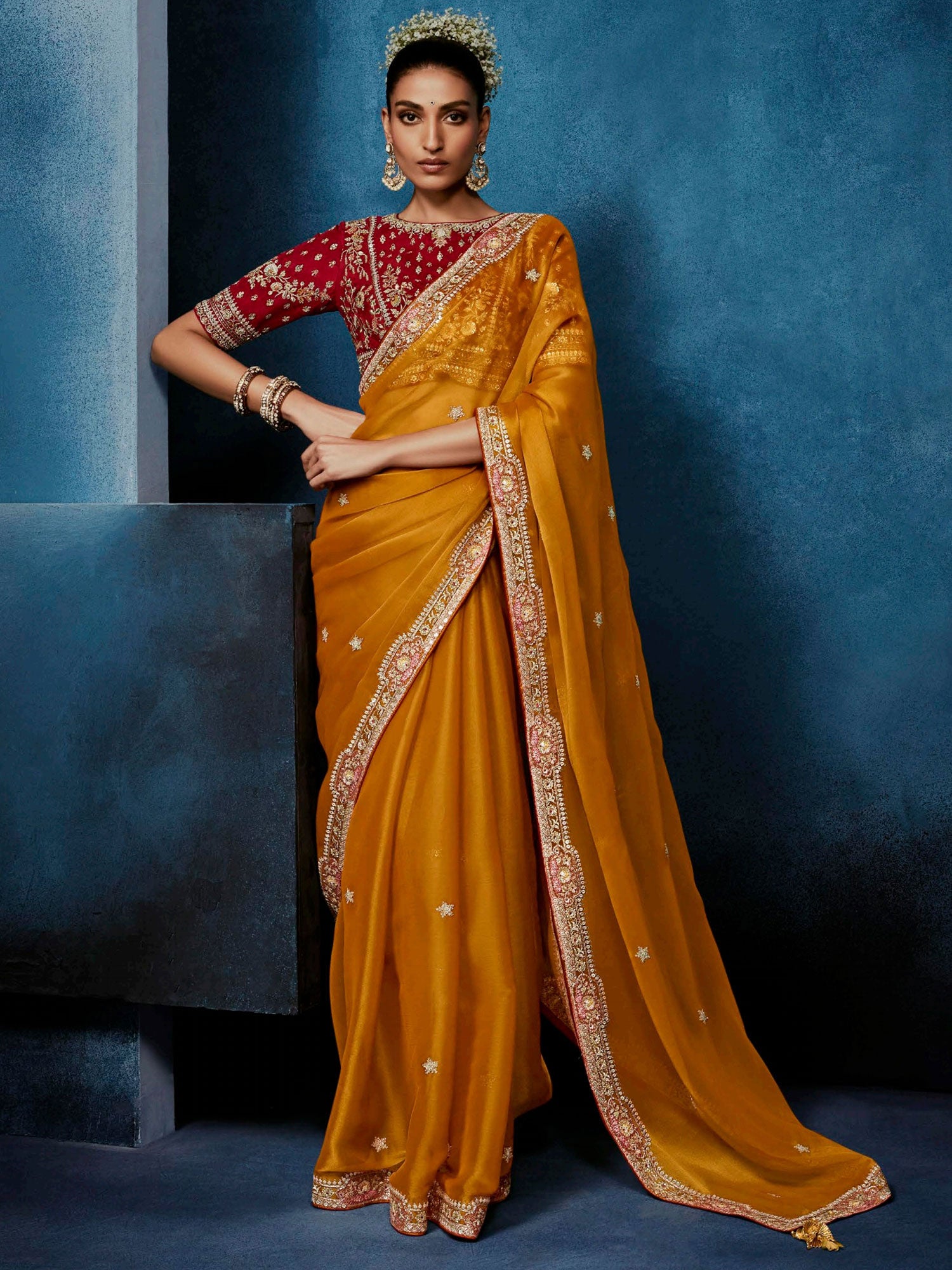 Orange Festive Saree In Sequins Embellishment