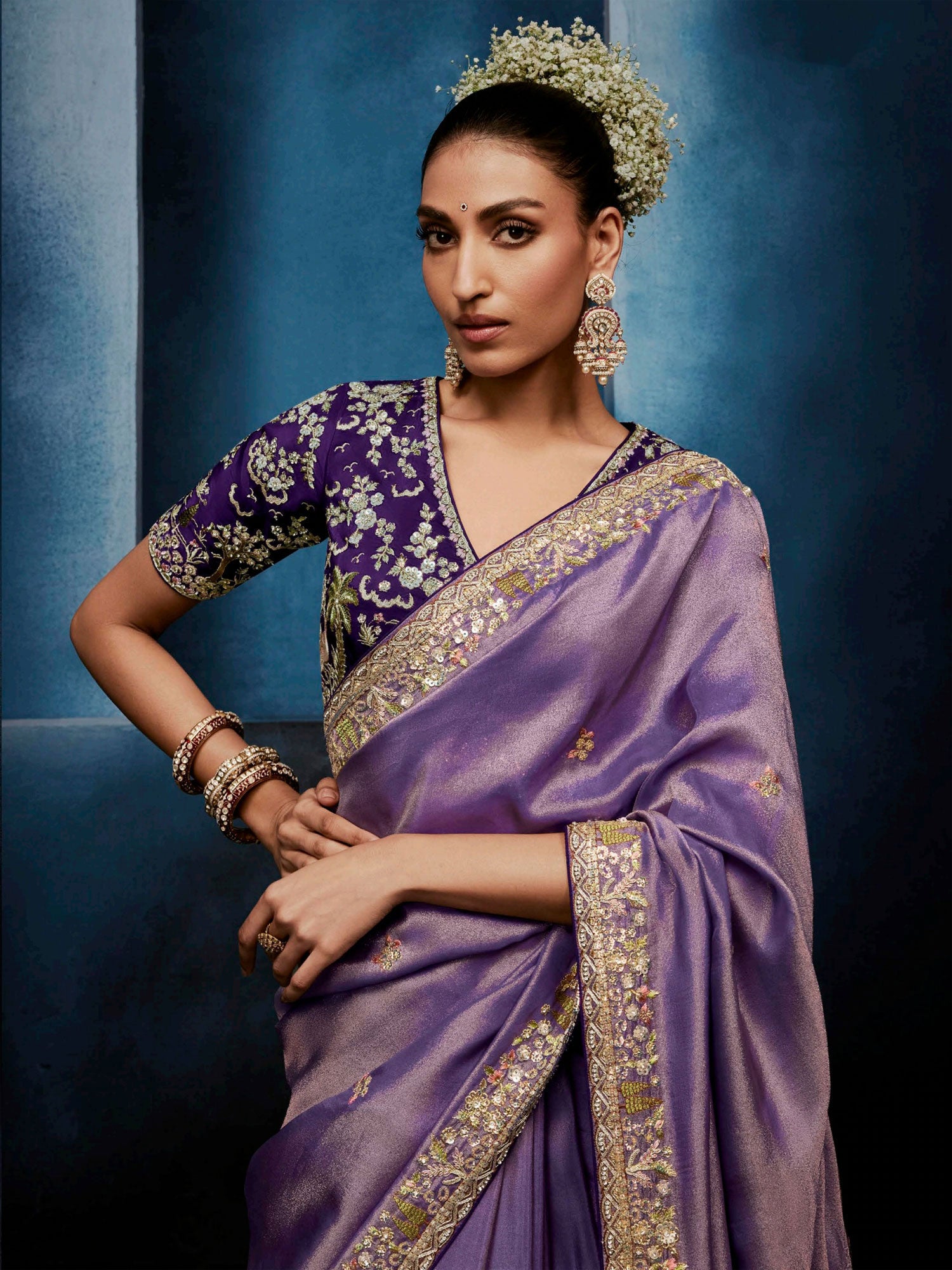 Purple Party Silk Saree With Embroidered Borders