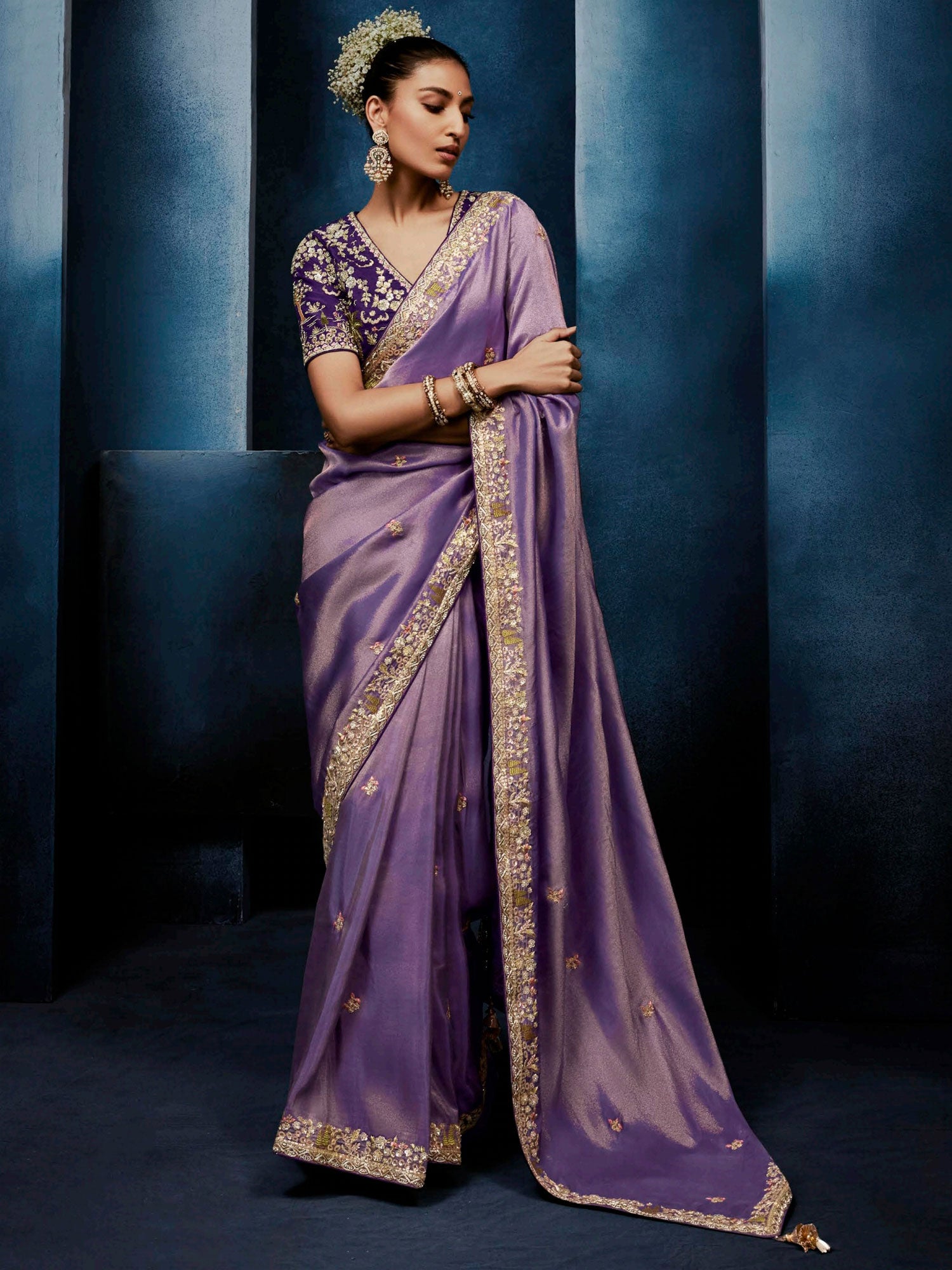 Purple Party Silk Saree With Embroidered Borders
