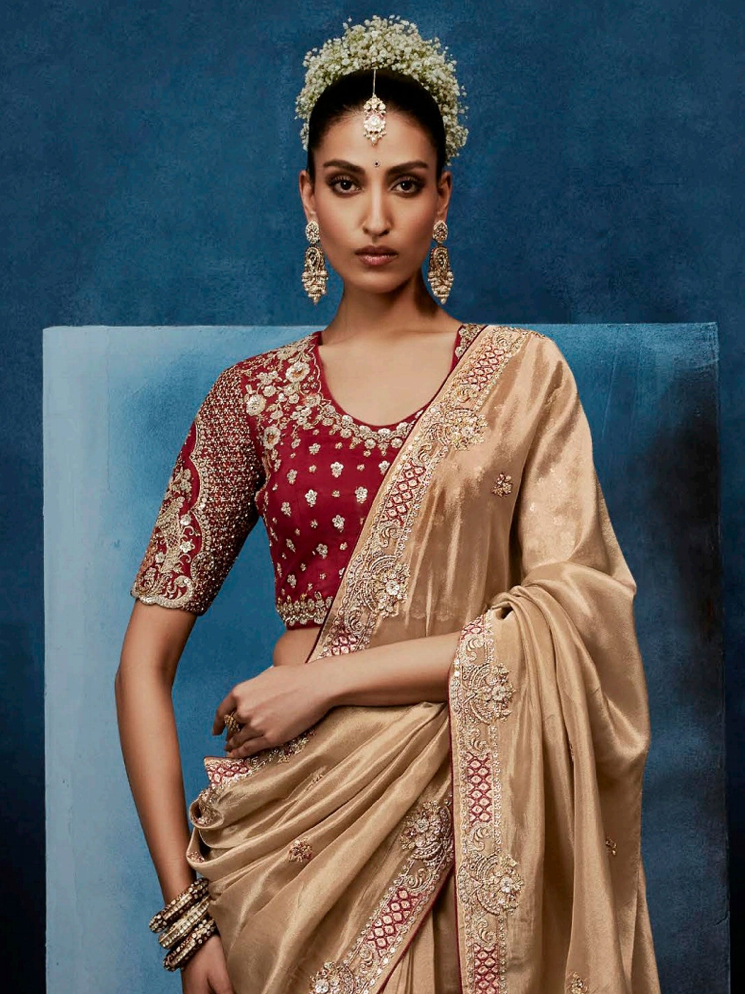 Ivory Cream Embroidered Wedding Saree In Silk